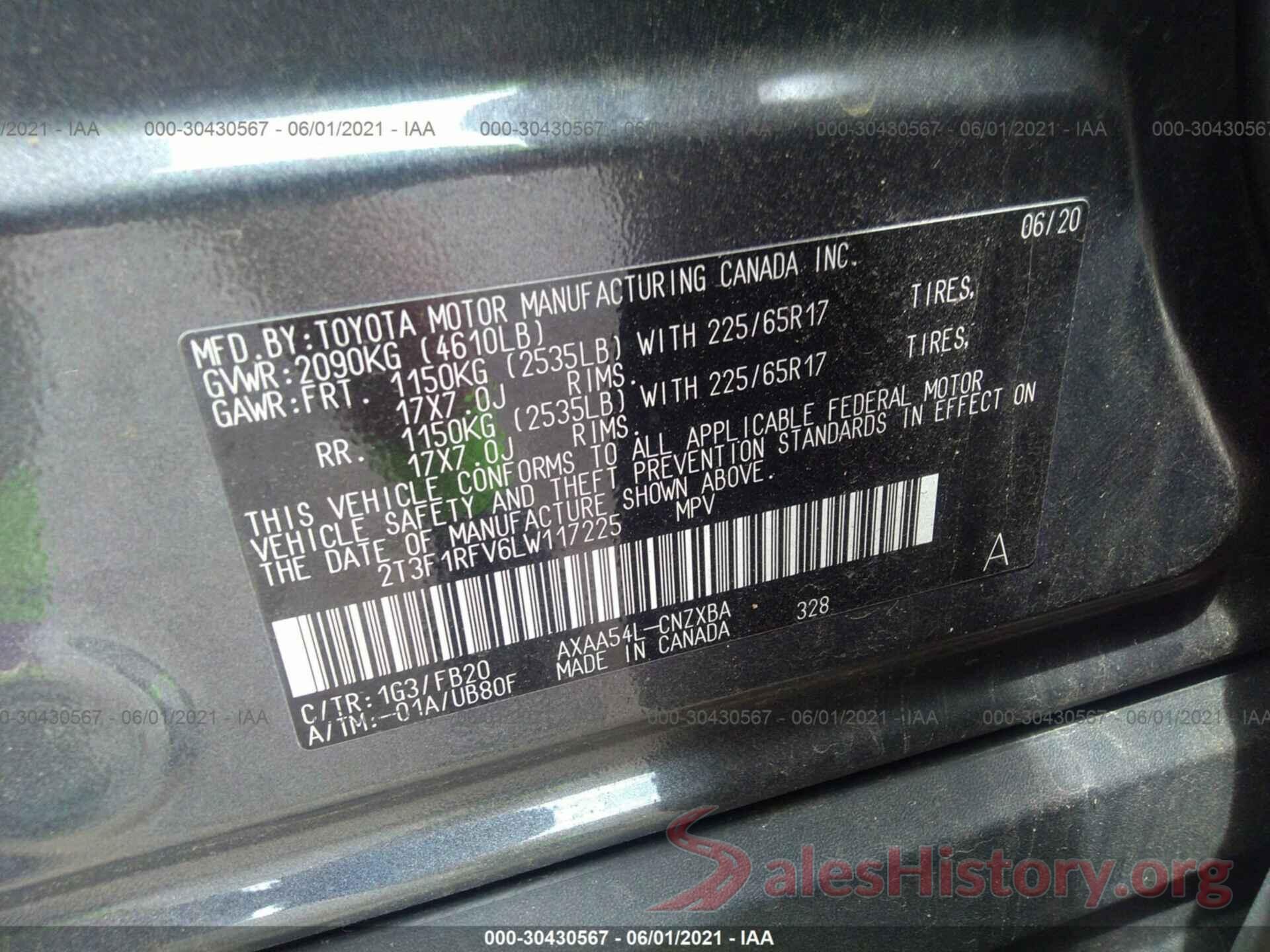 2T3F1RFV6LW117225 2020 TOYOTA RAV4