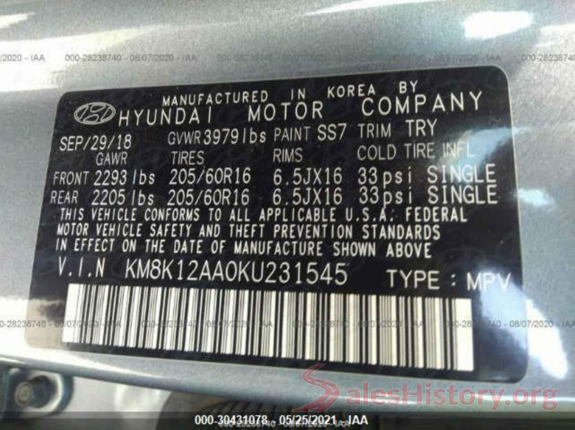 KM8K12AA0KU231545 2019 HYUNDAI KONA