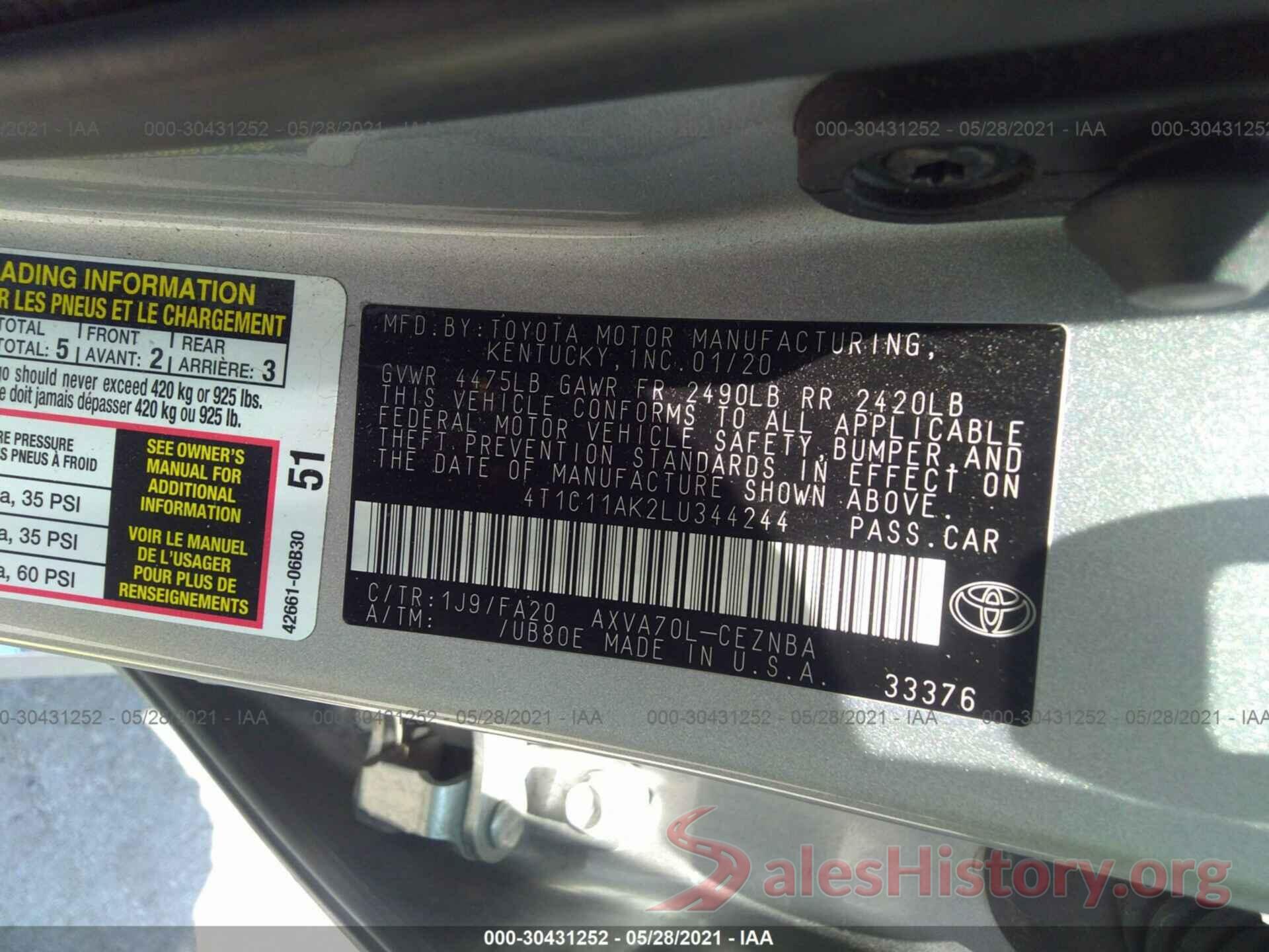 4T1C11AK2LU344244 2020 TOYOTA CAMRY