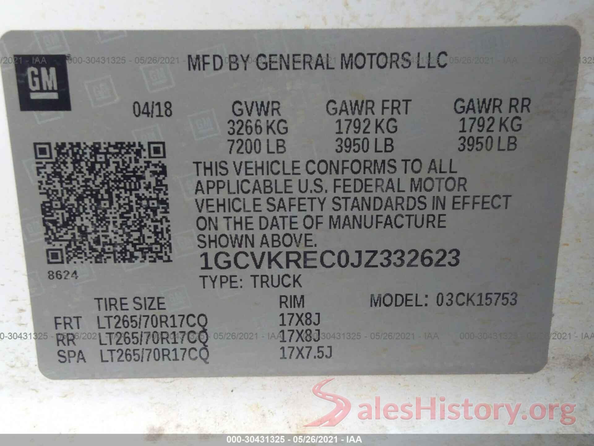 1GCVKREC0JZ332623 2018 CHEVROLET SILVERADO 1500