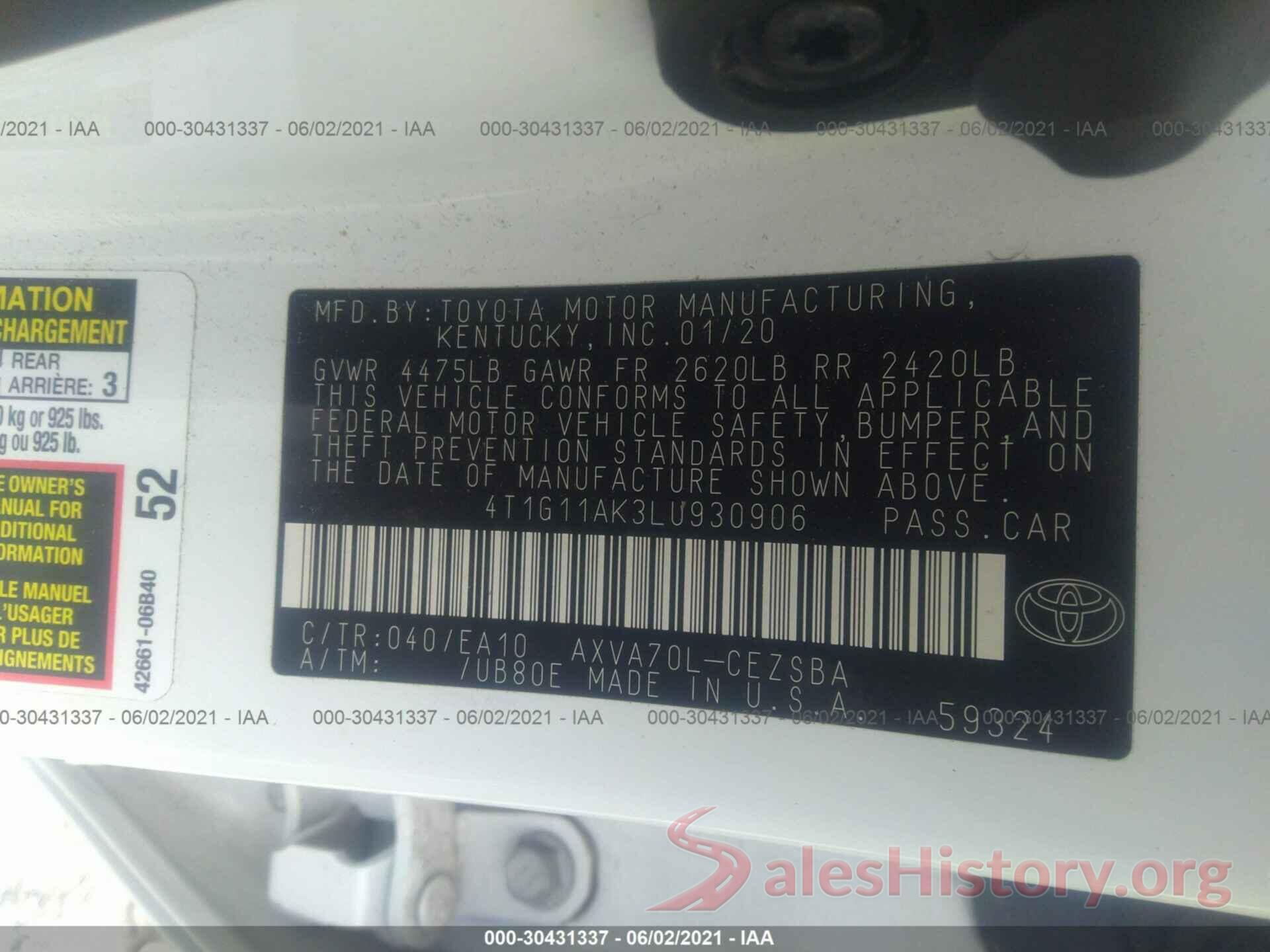 4T1G11AK3LU930906 2020 TOYOTA CAMRY