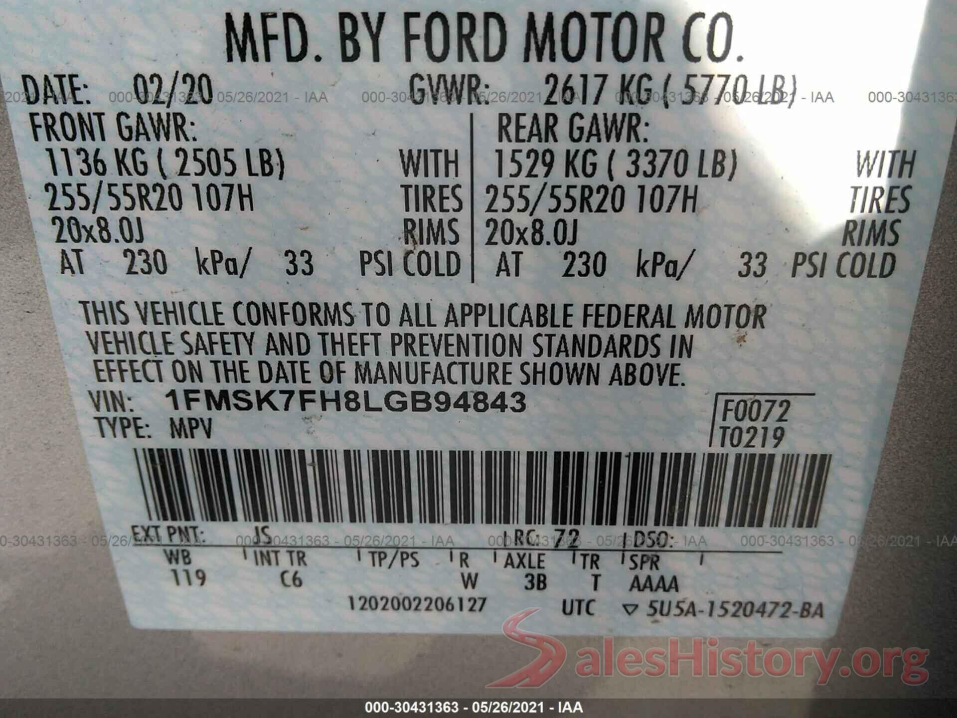 1FMSK7FH8LGB94843 2020 FORD EXPLORER