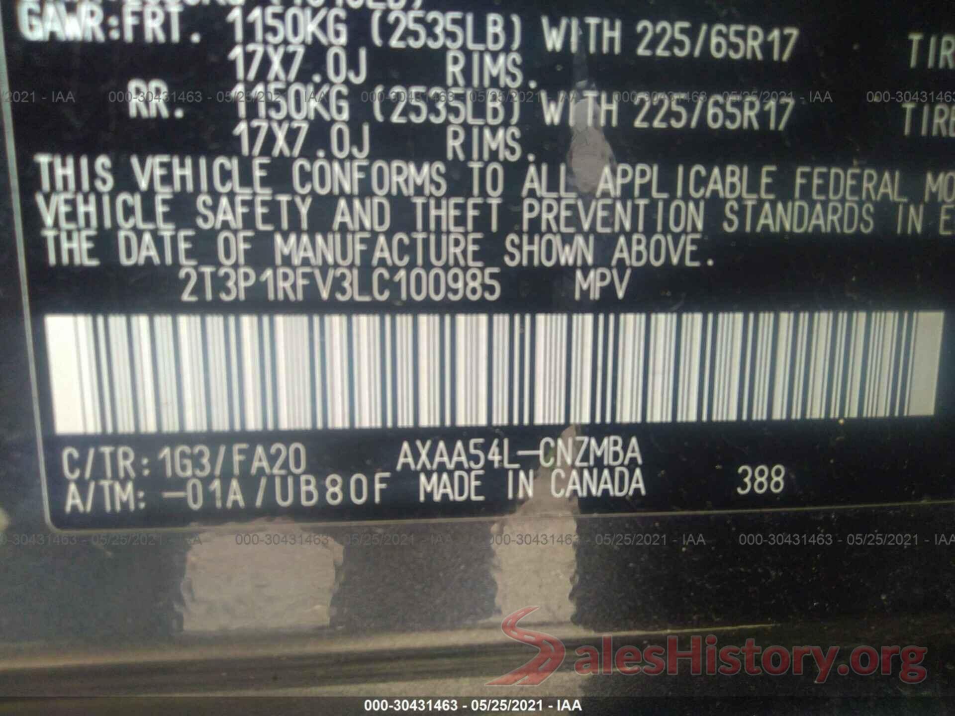 2T3P1RFV3LC100985 2020 TOYOTA RAV4