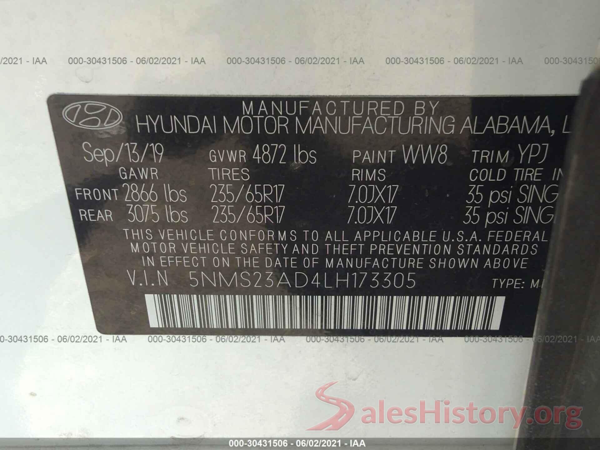 5NMS23AD4LH173305 2020 HYUNDAI SANTA FE