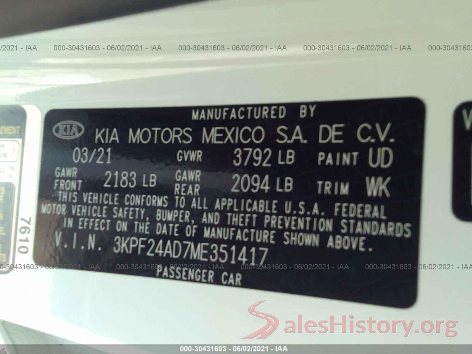 3KPF24AD7ME351417 2021 KIA FORTE