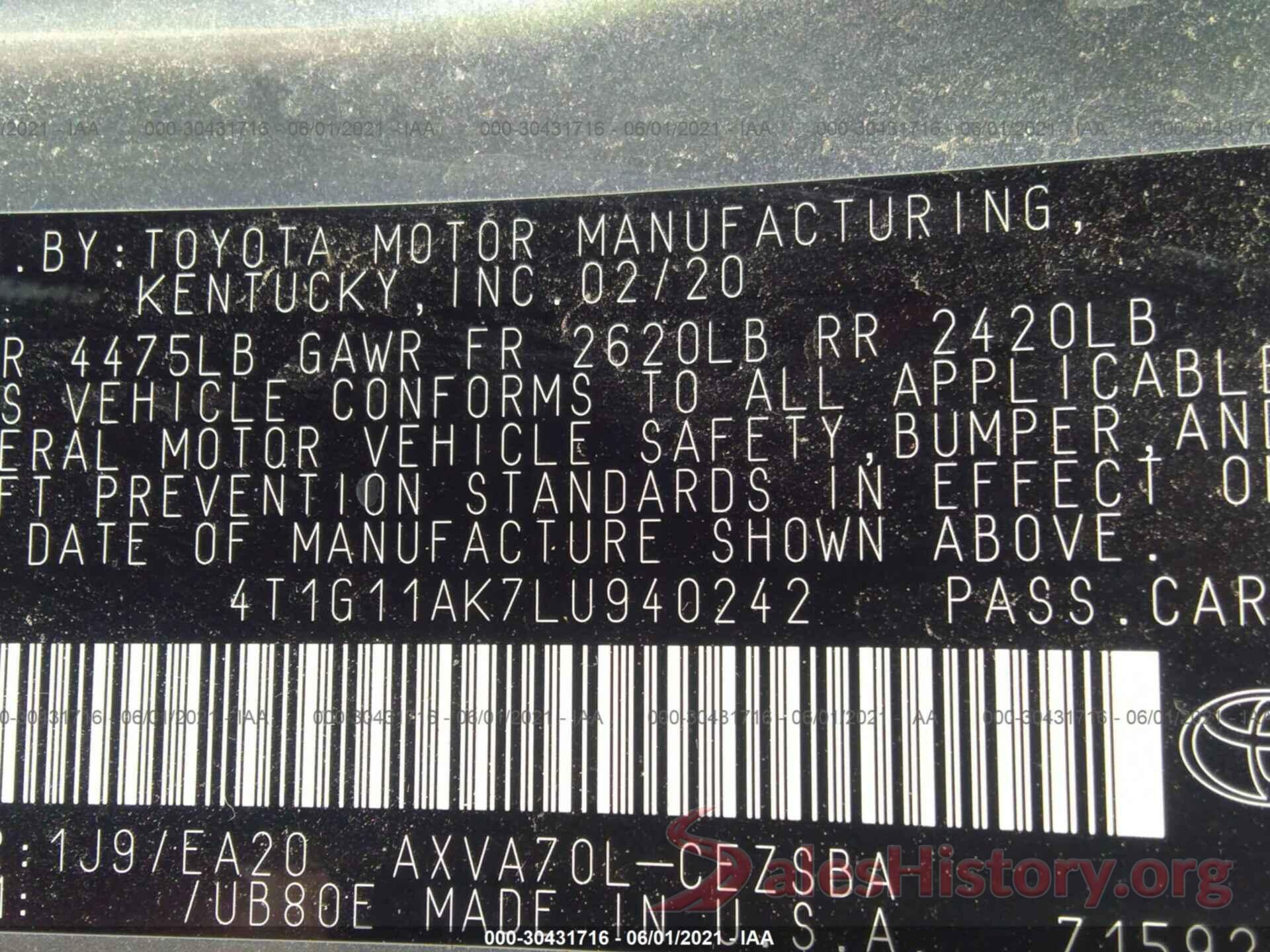 4T1G11AK7LU940242 2020 TOYOTA CAMRY