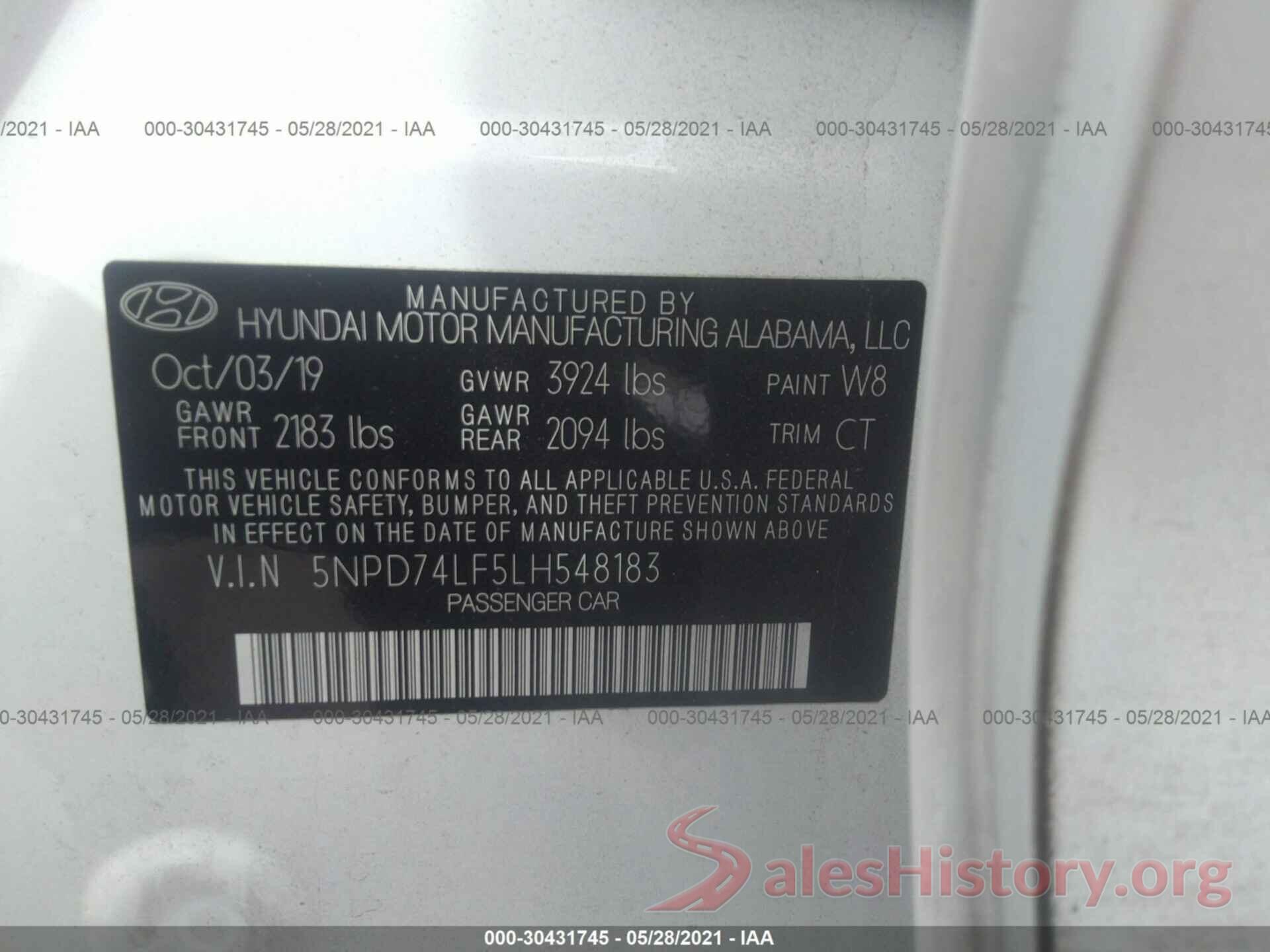 5NPD74LF5LH548183 2020 HYUNDAI ELANTRA