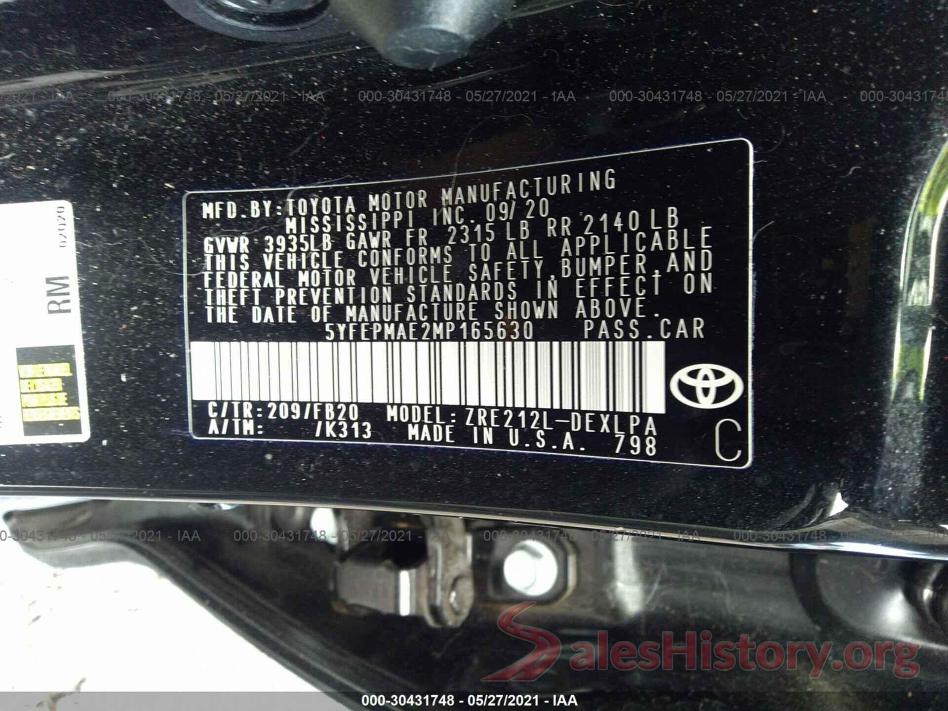 5YFEPMAE2MP165630 2021 TOYOTA COROLLA