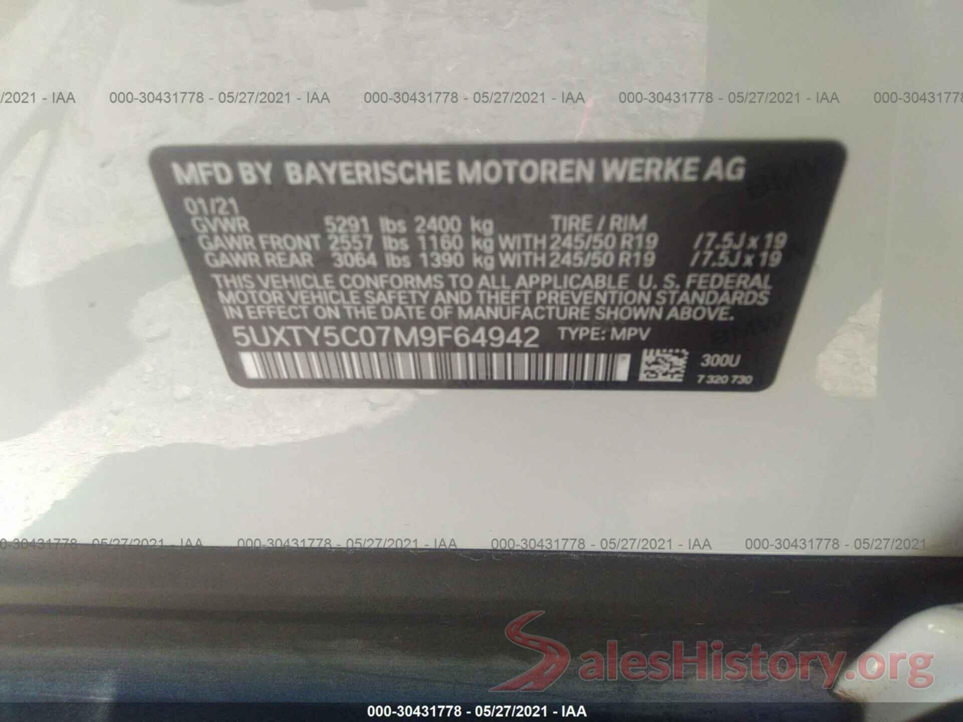 5UXTY5C07M9F64942 2021 BMW X3