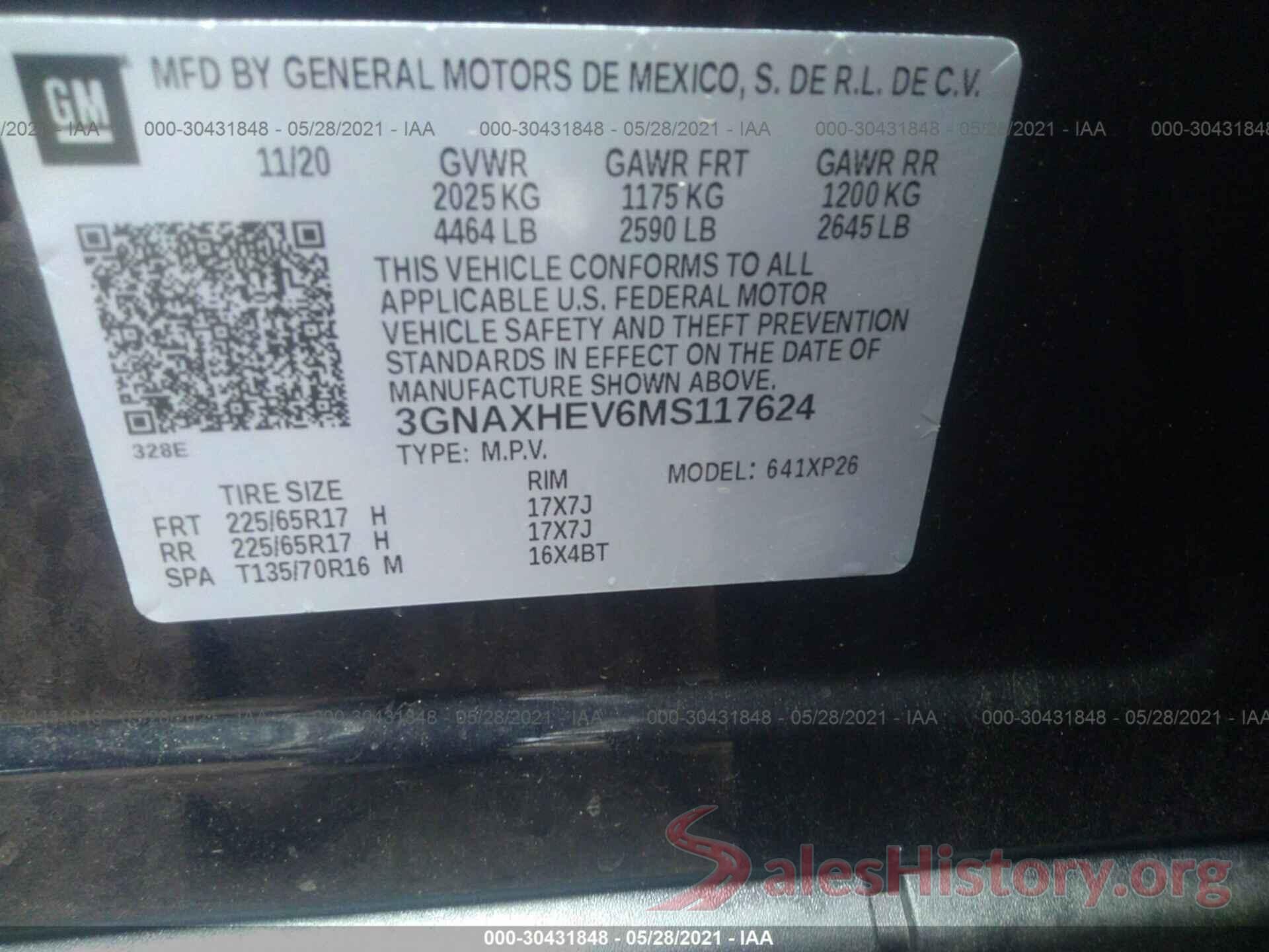 3GNAXHEV6MS117624 2021 CHEVROLET EQUINOX