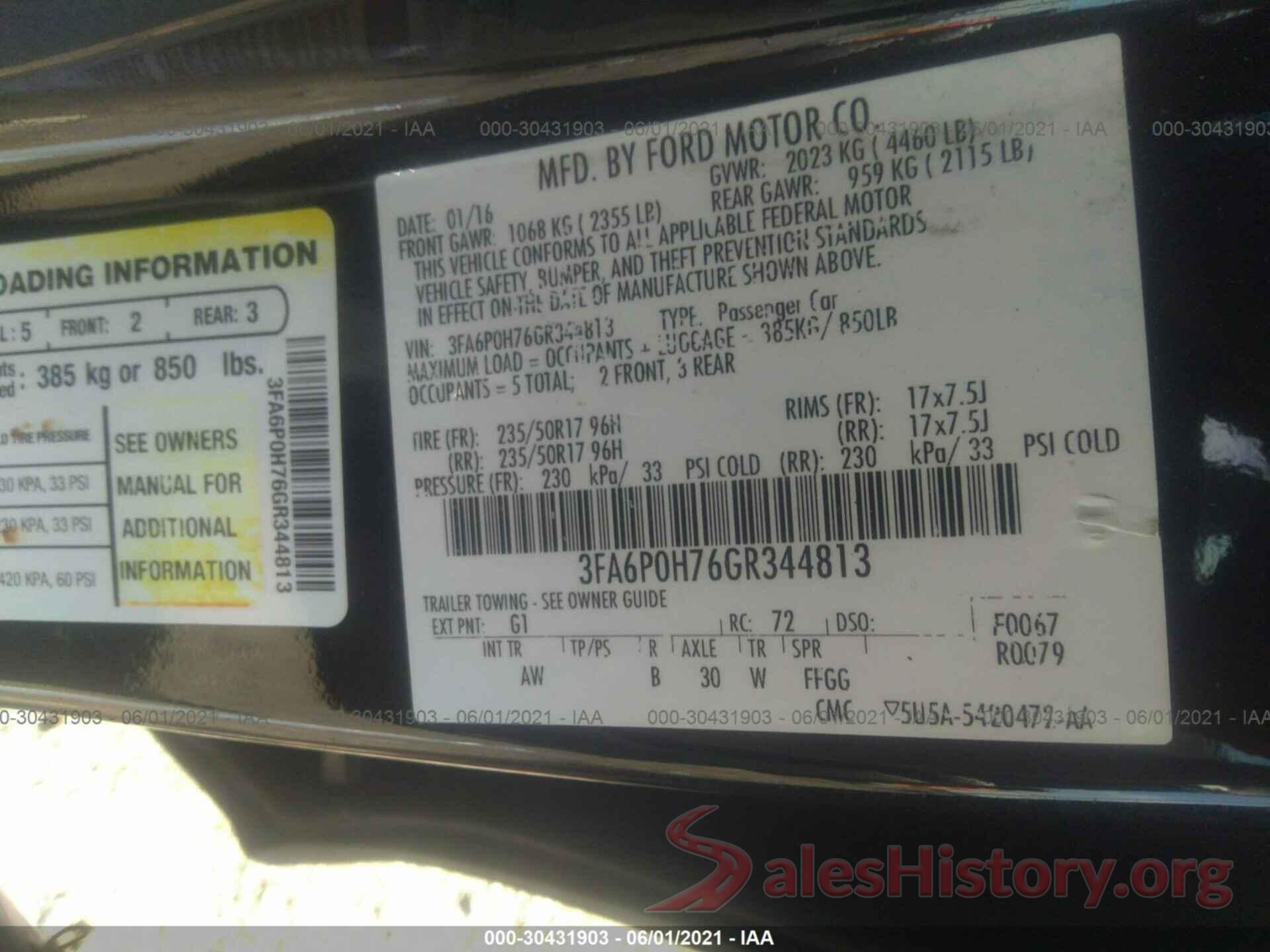 3FA6P0H76GR344813 2016 FORD FUSION