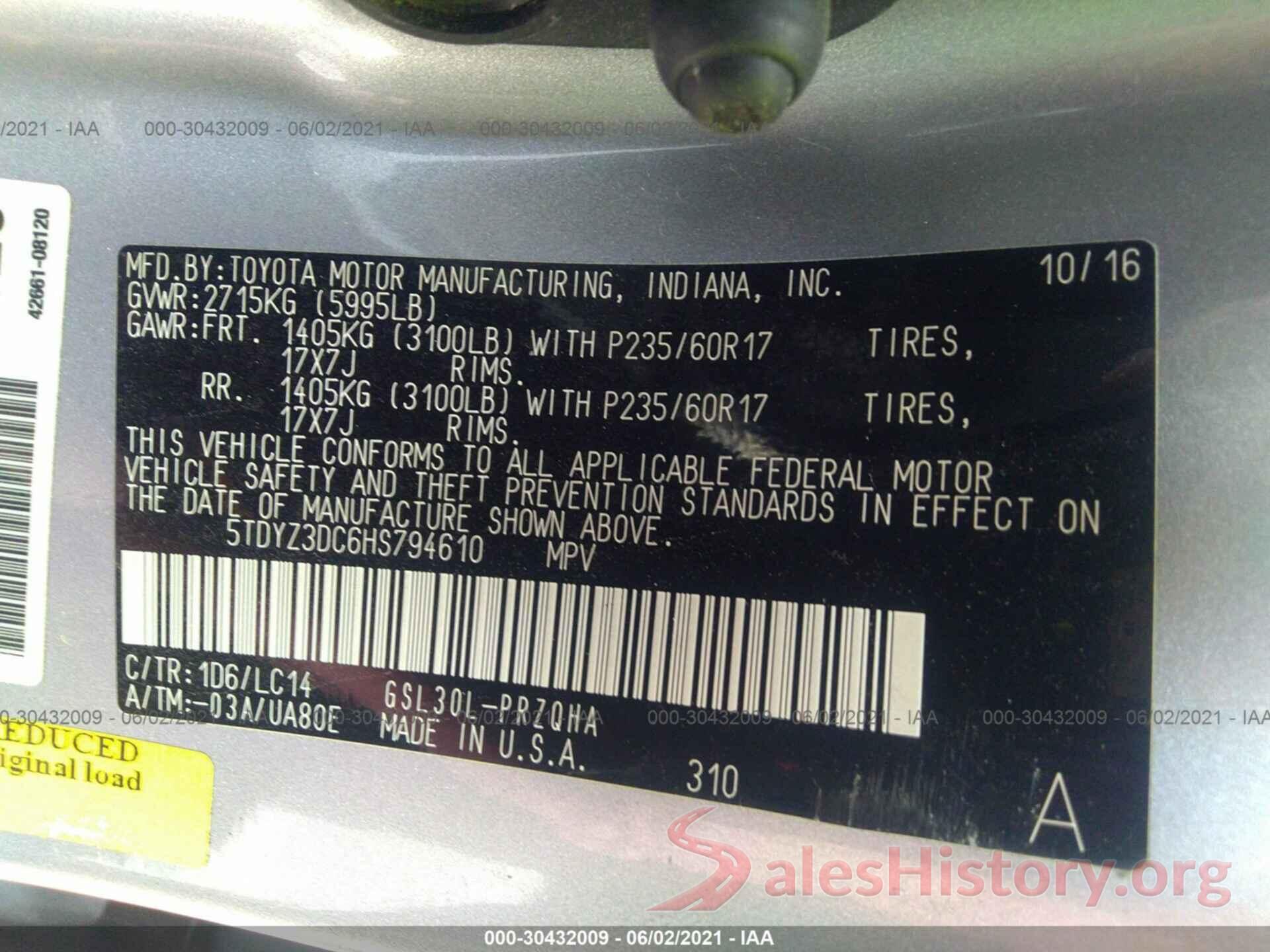 5TDYZ3DC6HS794610 2017 TOYOTA SIENNA