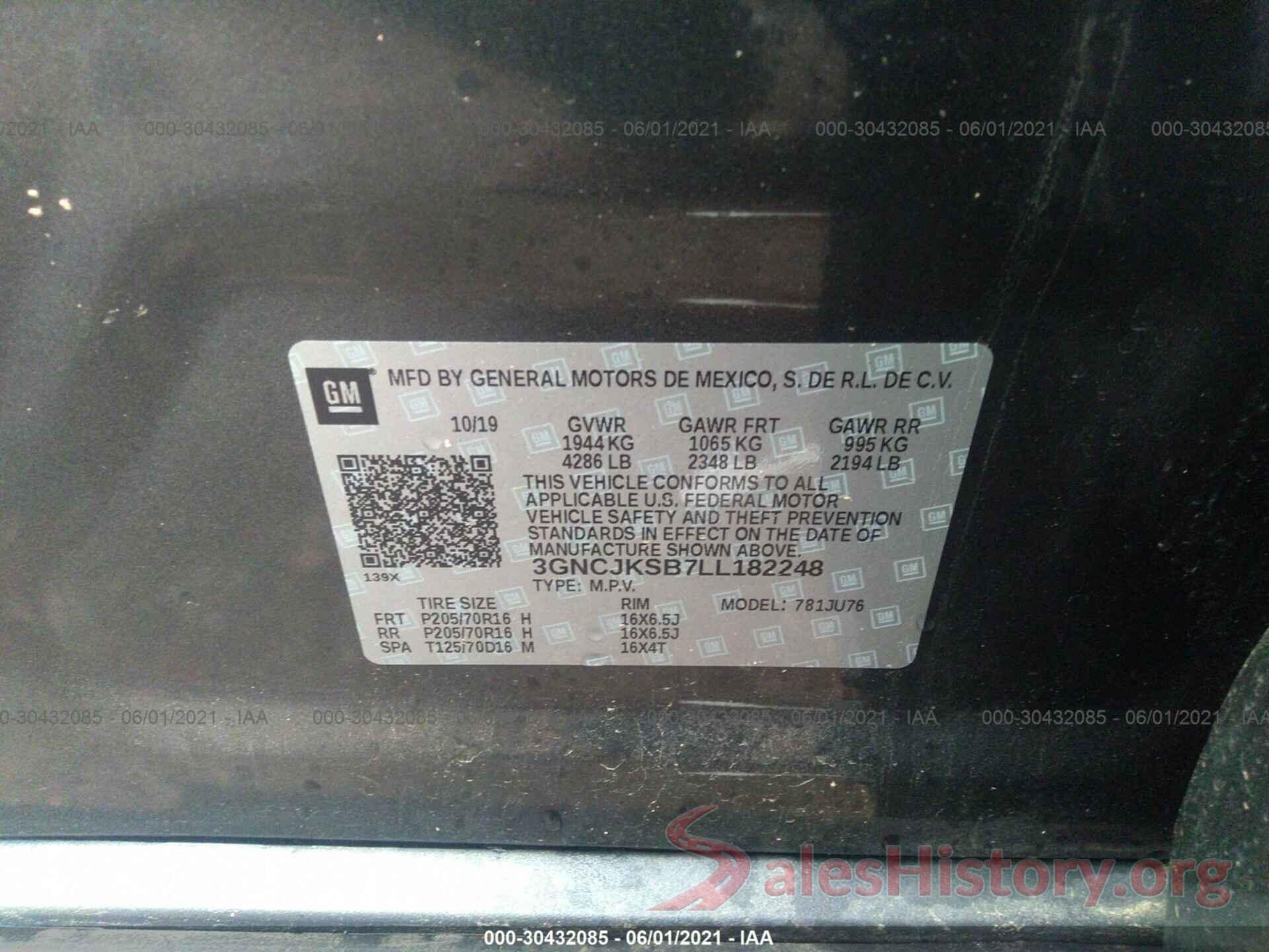 3GNCJKSB7LL182248 2020 CHEVROLET TRAX