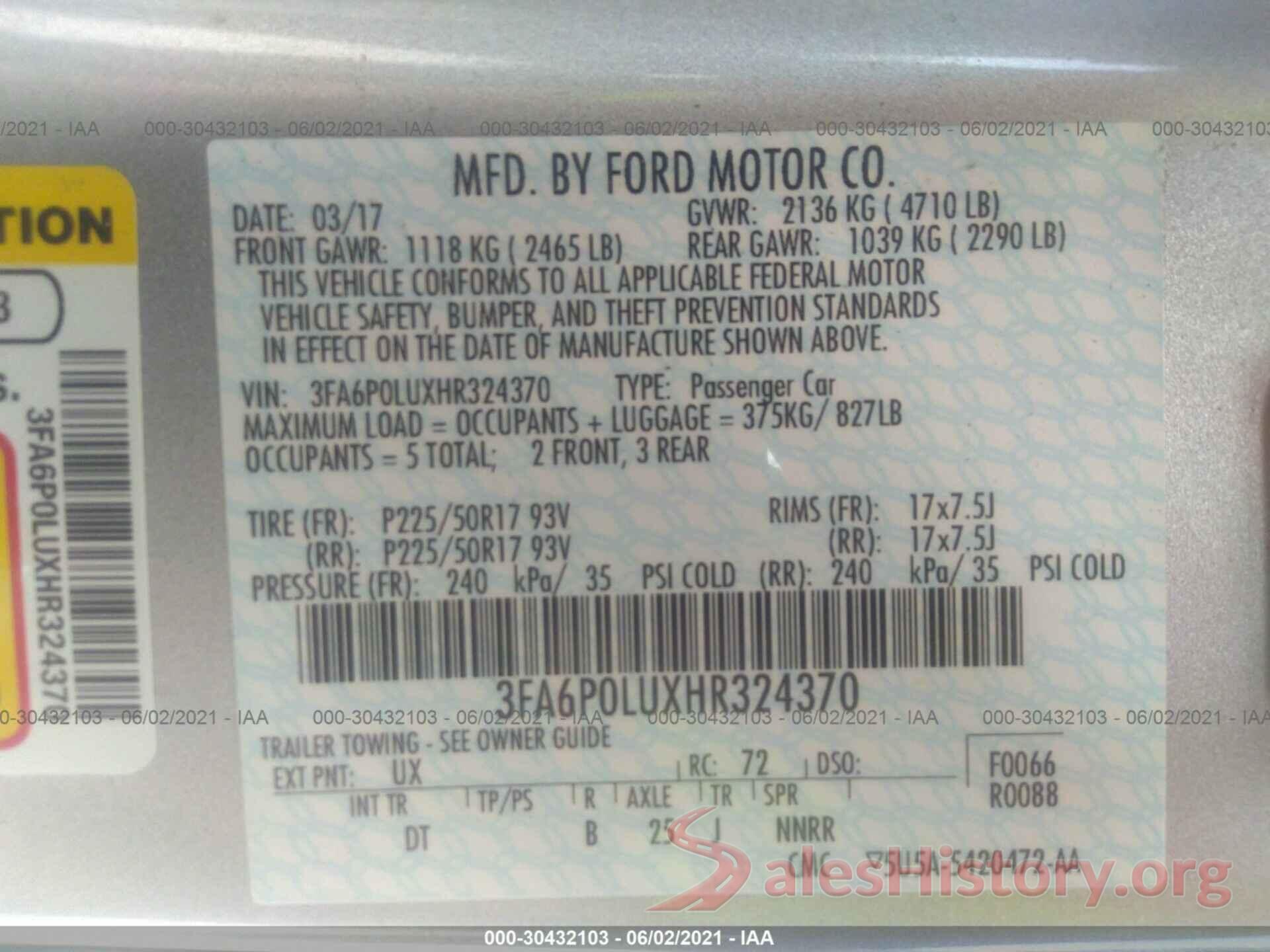 3FA6P0LUXHR324370 2017 FORD FUSION