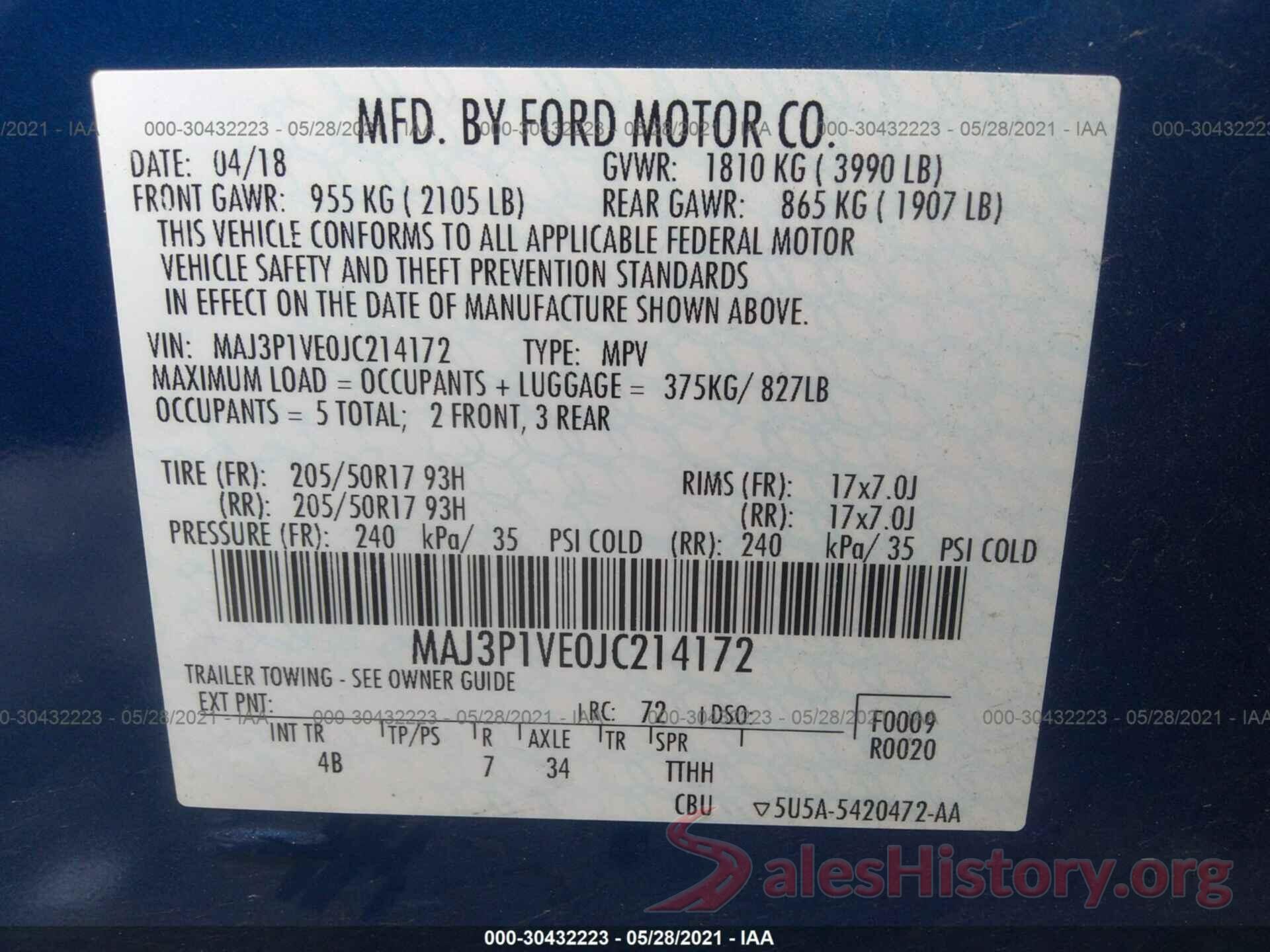 MAJ3P1VE0JC214172 2018 FORD ECOSPORT