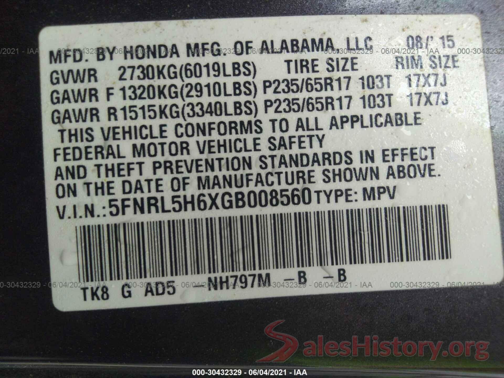 5FNRL5H6XGB008560 2016 HONDA ODYSSEY