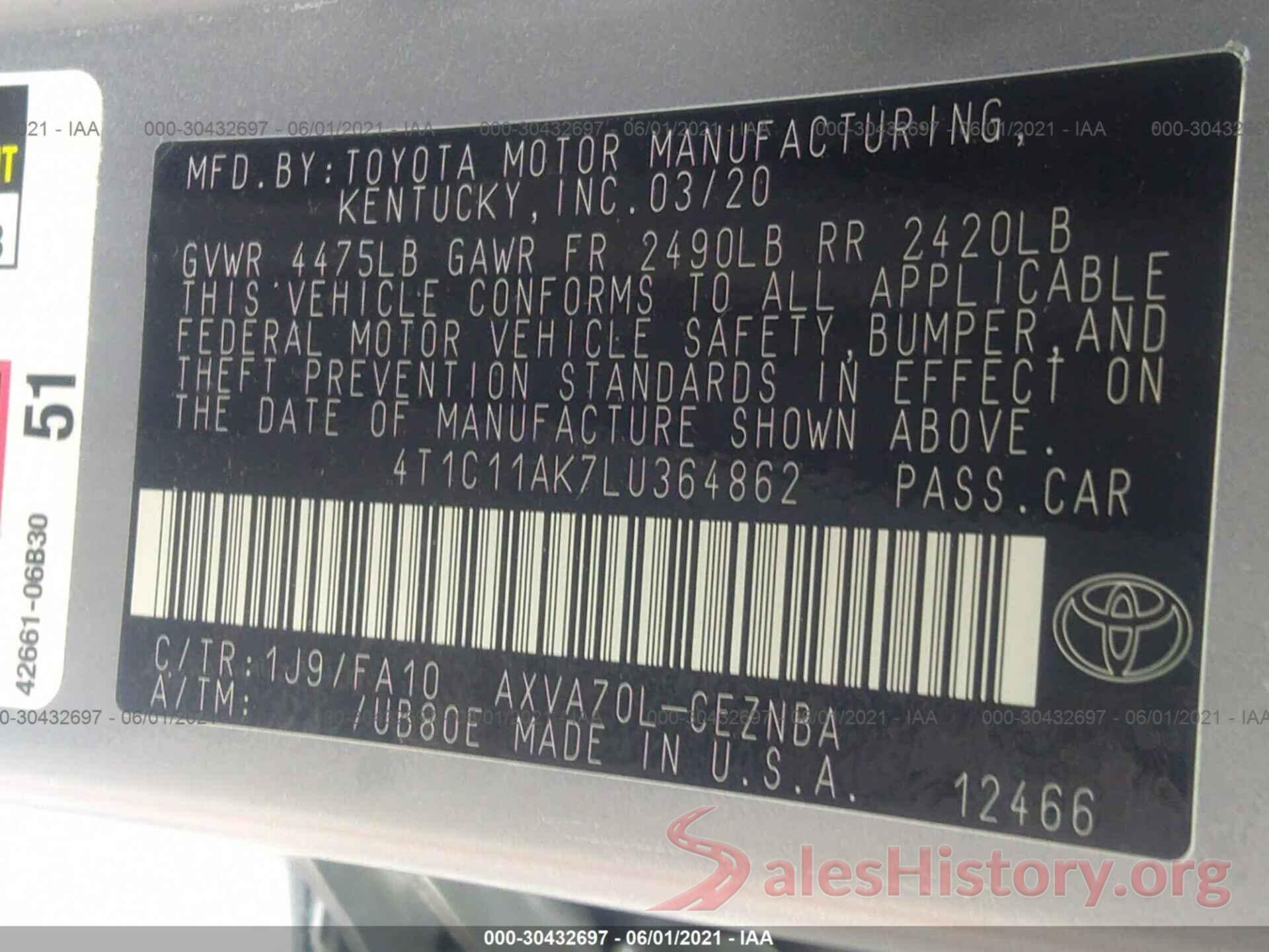 4T1C11AK7LU364862 2020 TOYOTA CAMRY