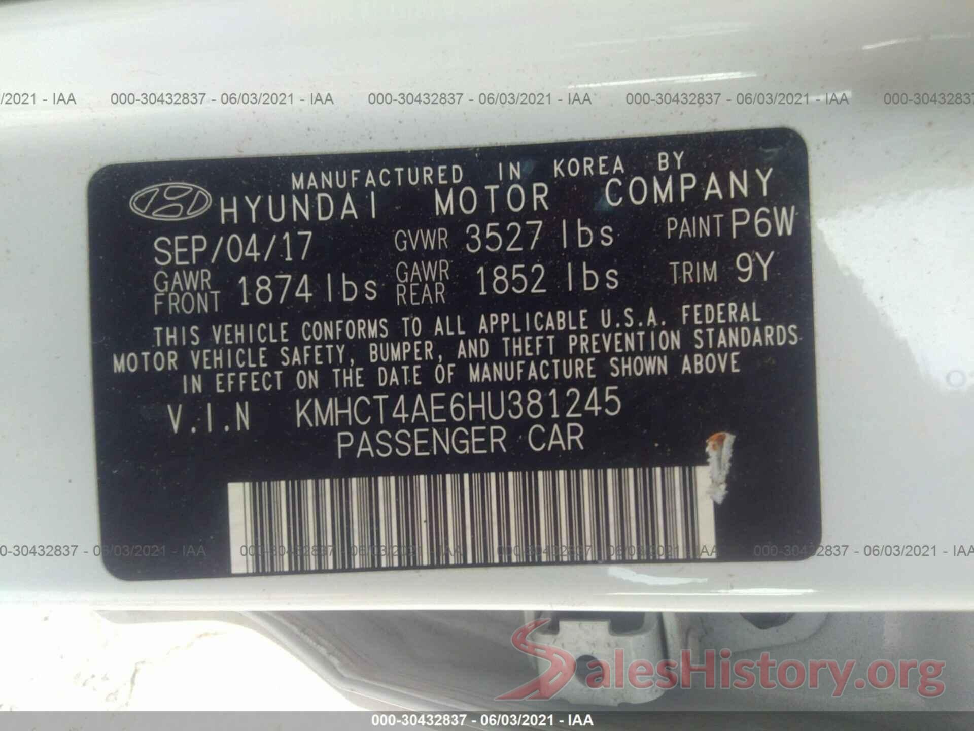 KMHCT4AE6HU381245 2017 HYUNDAI ACCENT