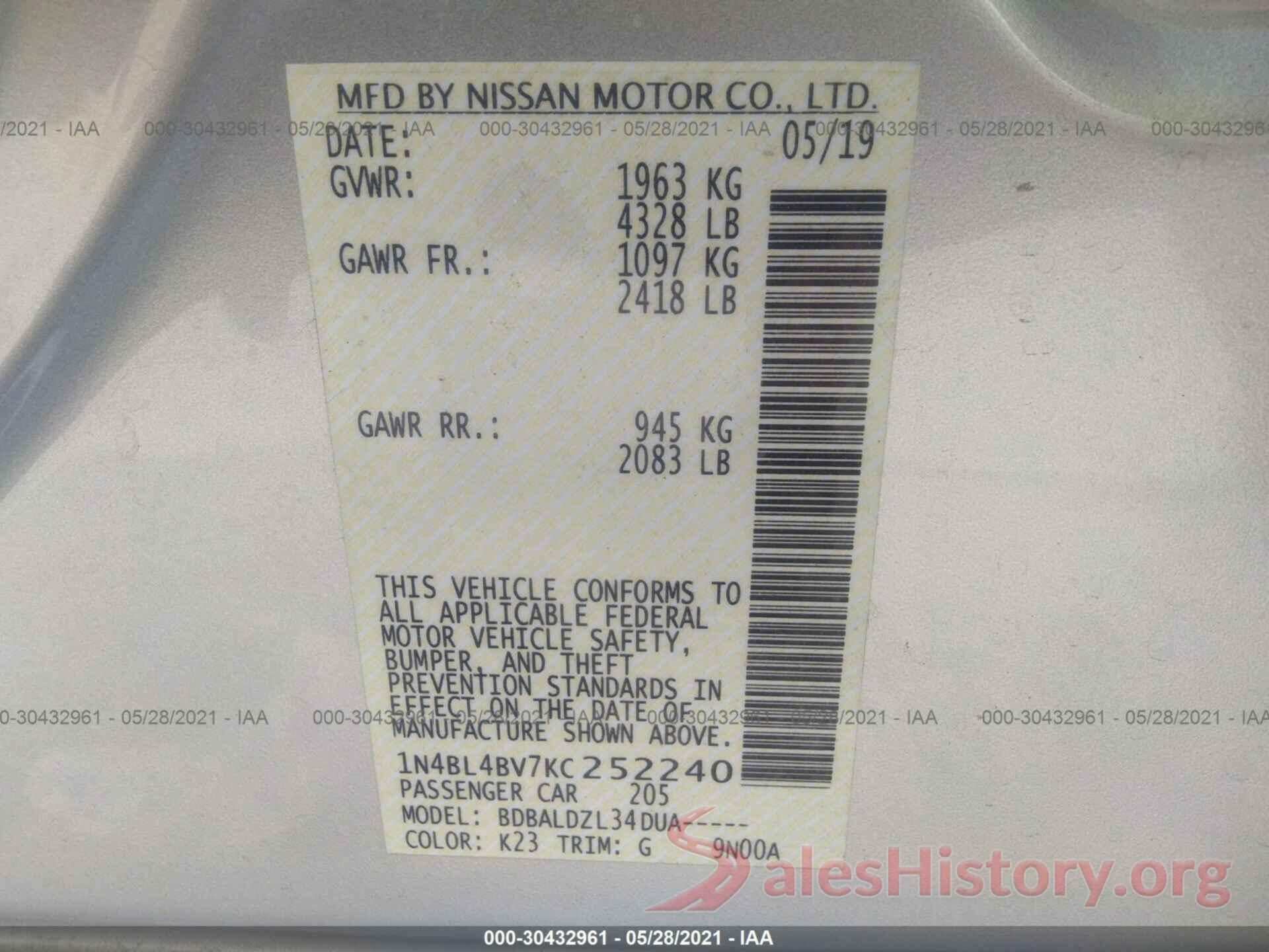 1N4BL4BV7KC252240 2019 NISSAN ALTIMA