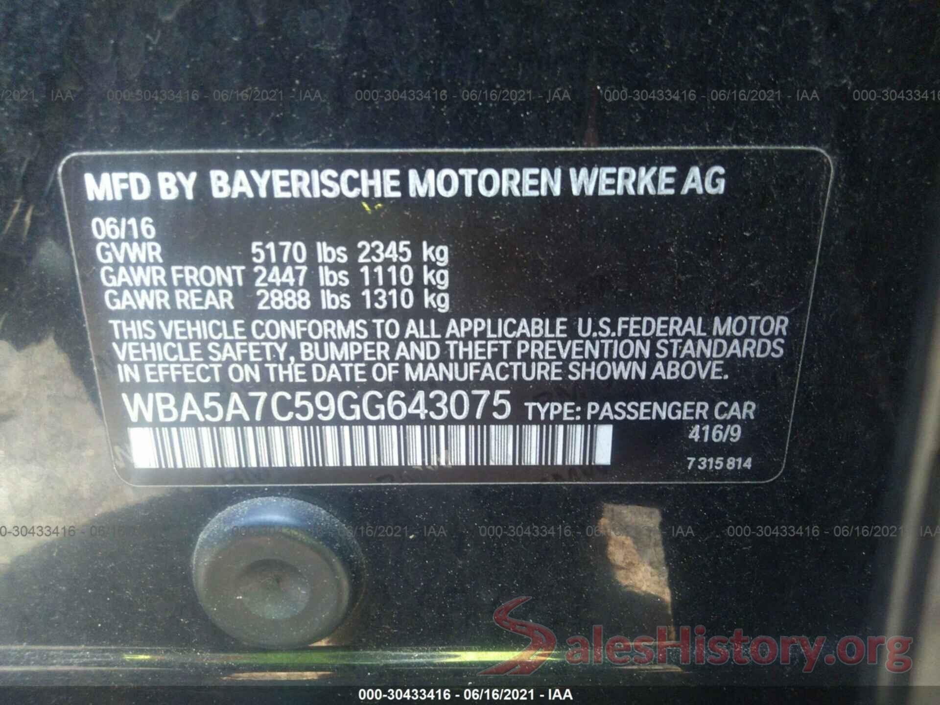 WBA5A7C59GG643075 2016 BMW 5 SERIES