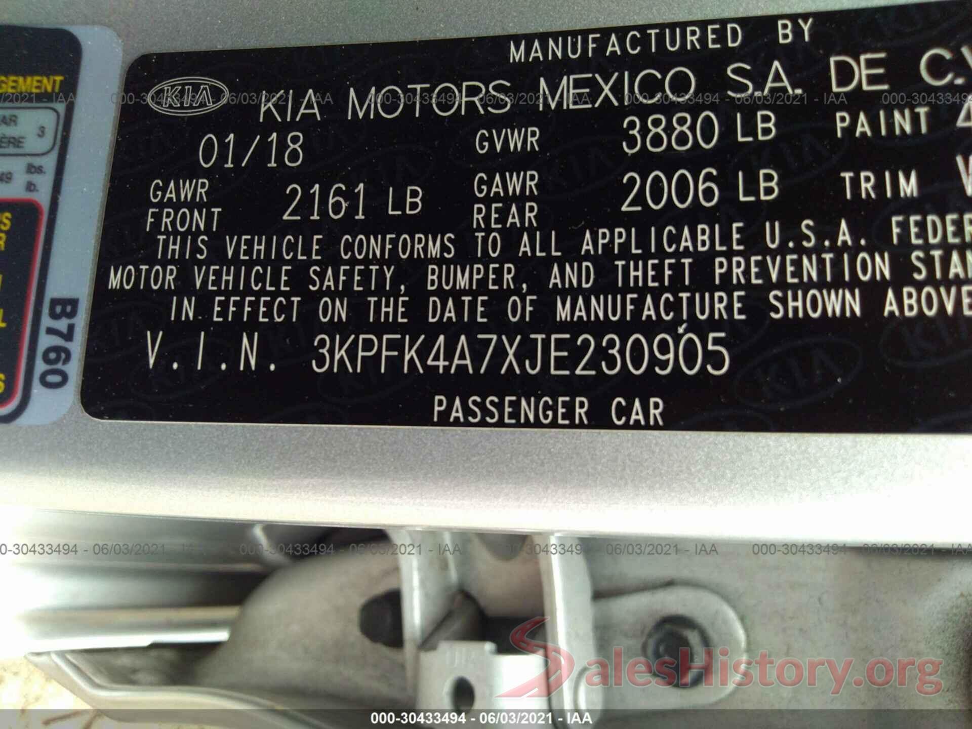 3KPFK4A7XJE230905 2018 KIA FORTE