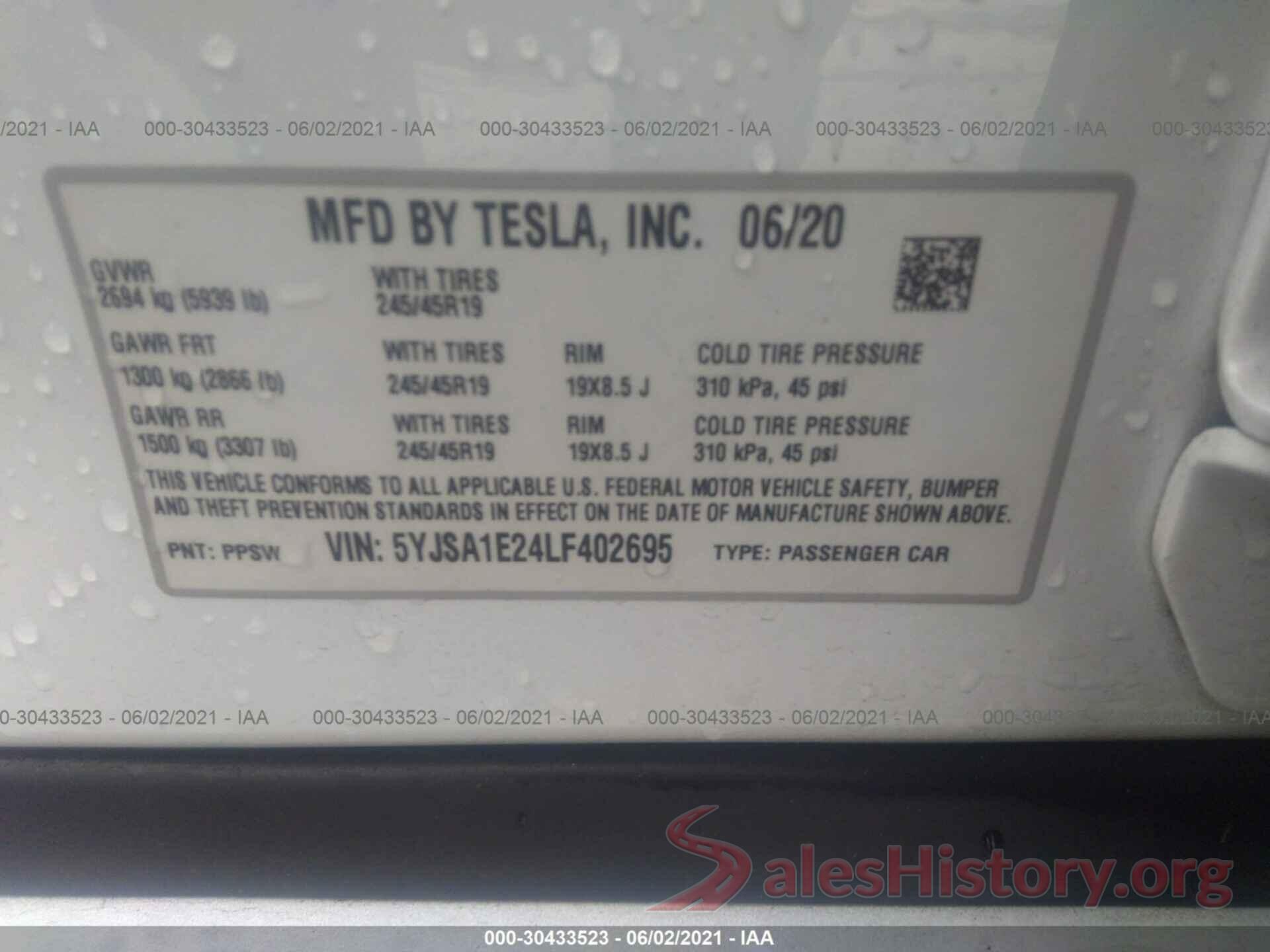 5YJSA1E24LF402695 2020 TESLA MODEL S