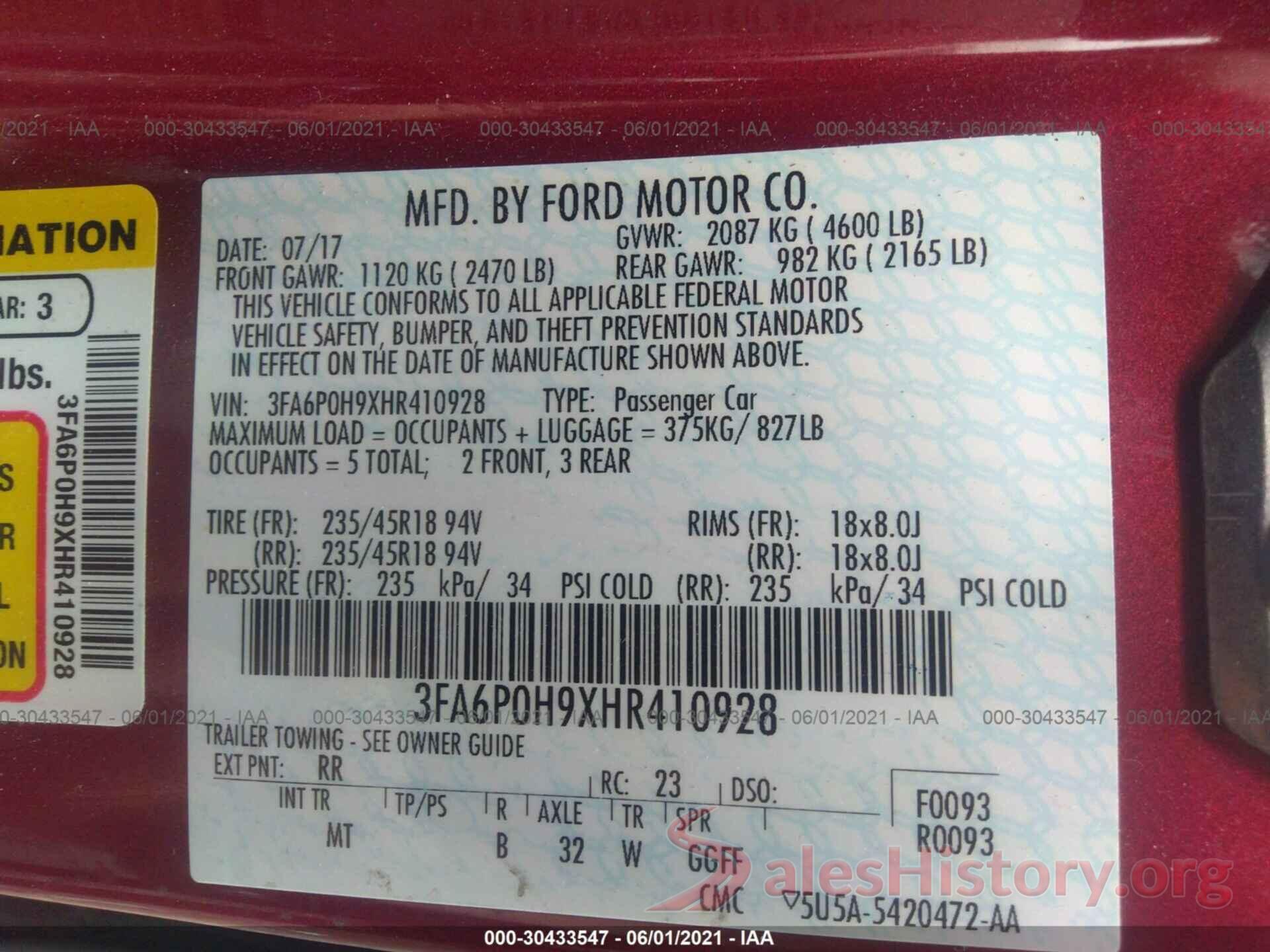 3FA6P0H9XHR410928 2017 FORD FUSION