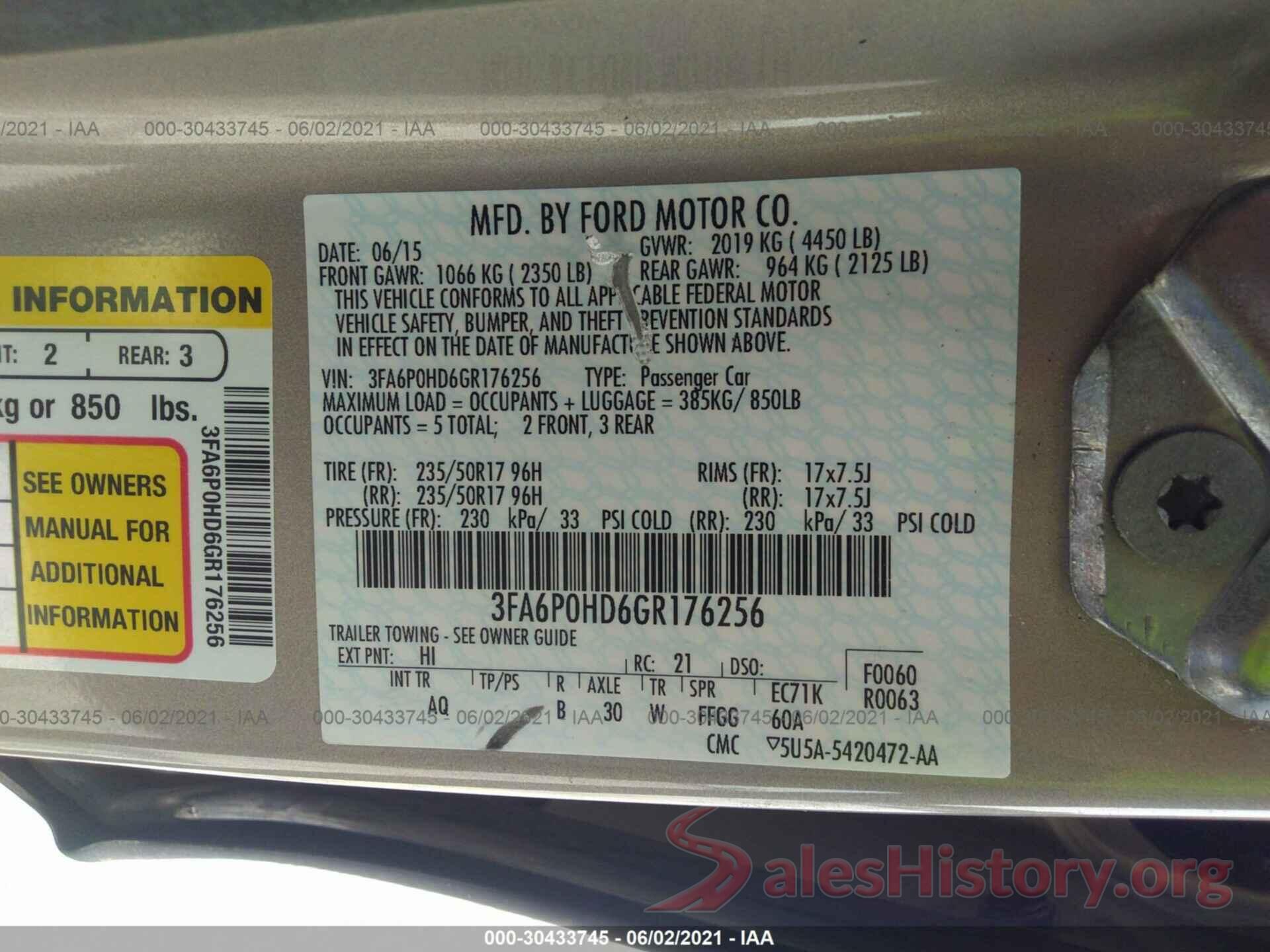 3FA6P0HD6GR176256 2016 FORD FUSION