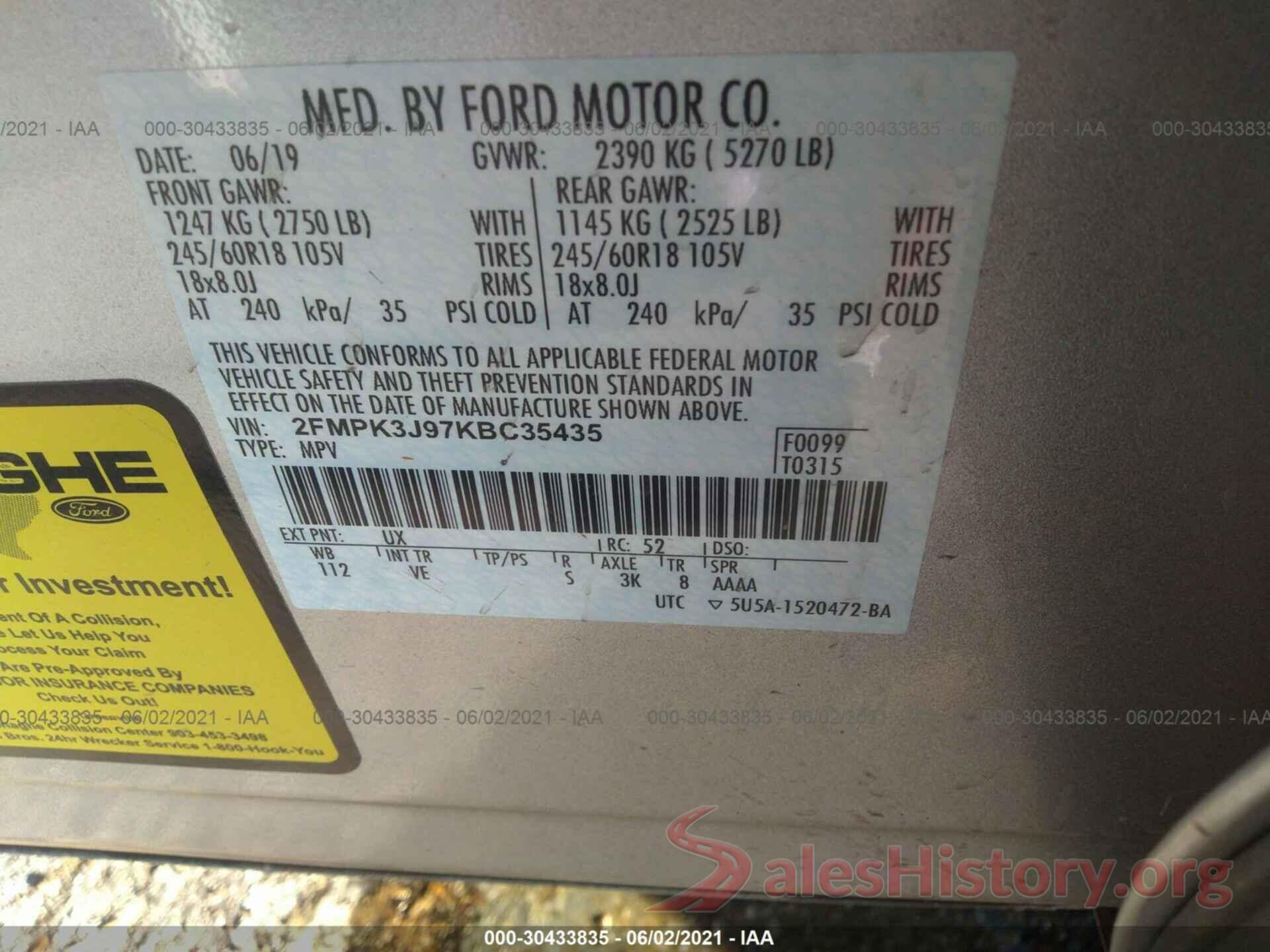 2FMPK3J97KBC35435 2019 FORD EDGE