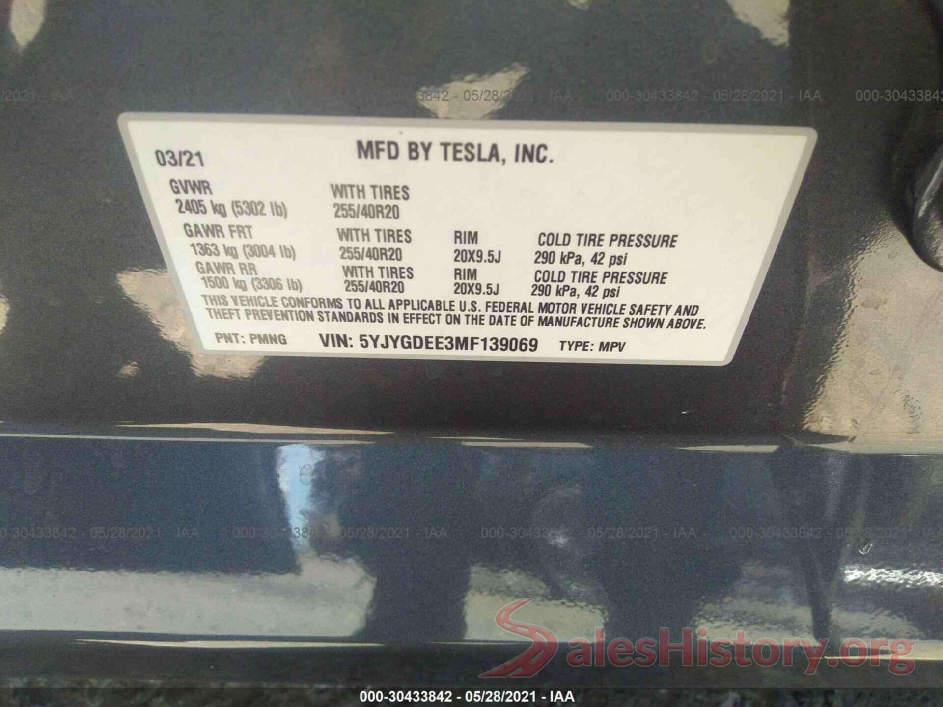 5YJYGDEE3MF139069 2021 TESLA MODEL Y