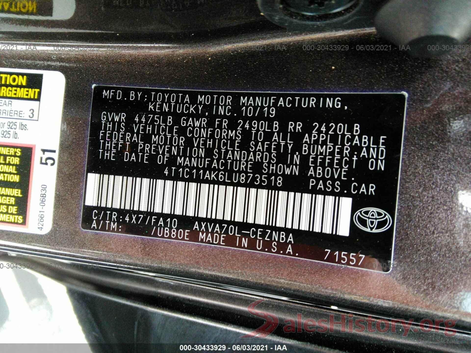 4T1C11AK6LU873518 2020 TOYOTA CAMRY