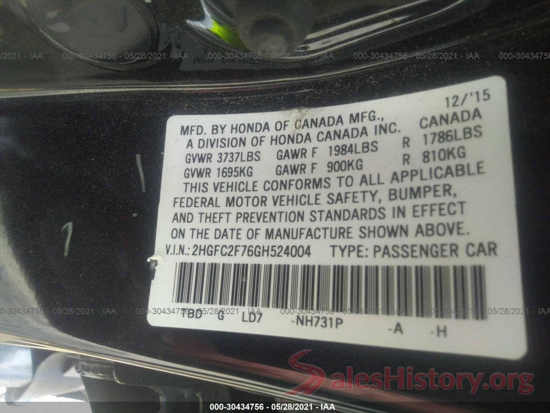 2HGFC2F76GH524004 2016 HONDA CIVIC SEDAN