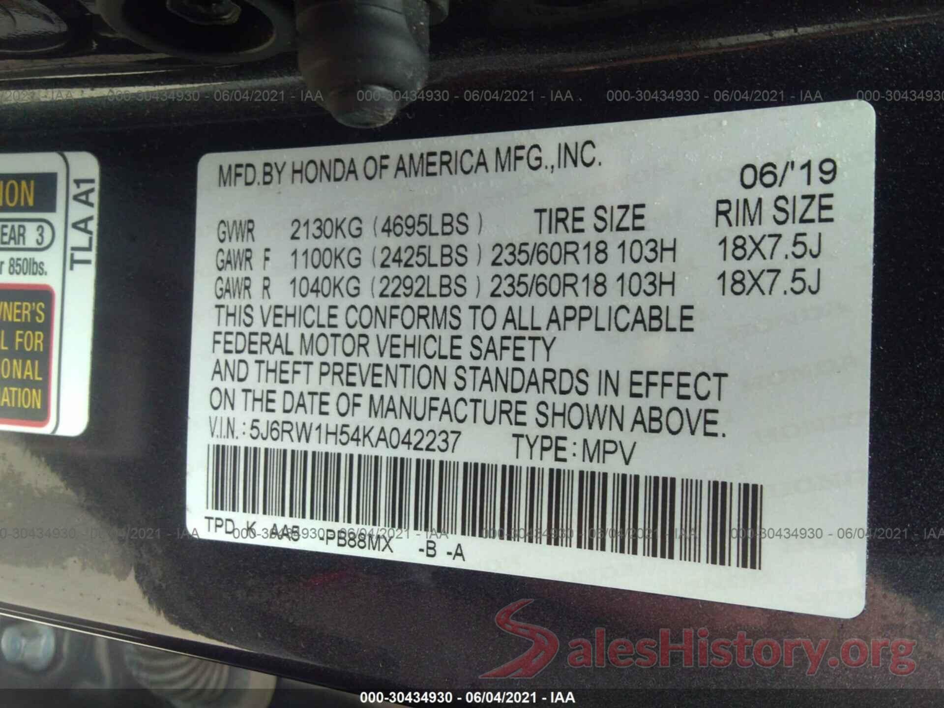 5J6RW1H54KA042237 2019 HONDA CR-V