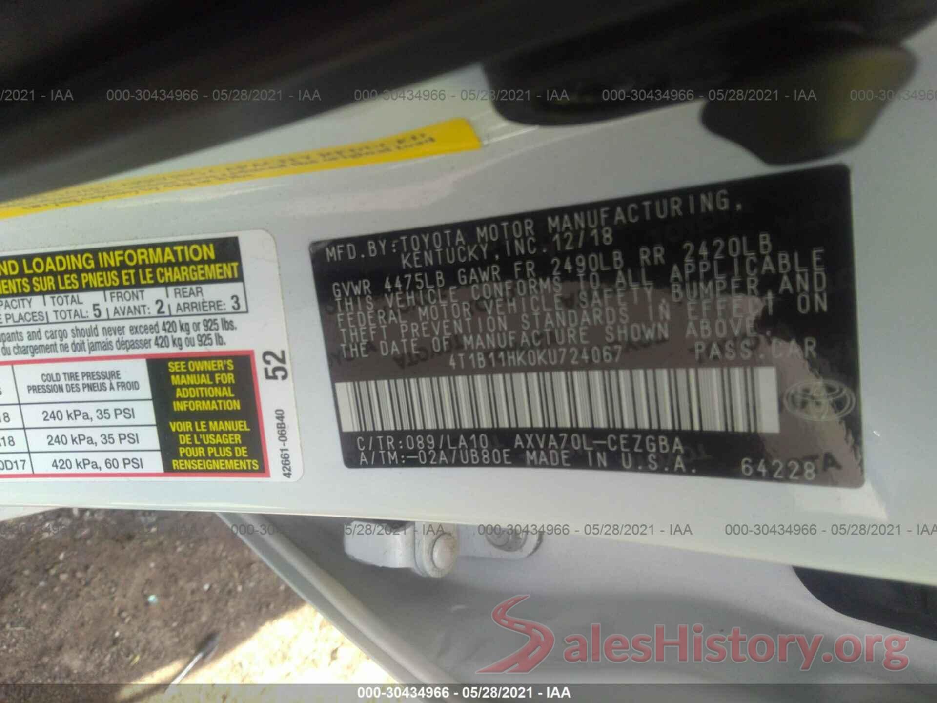 4T1B11HK0KU724067 2019 TOYOTA CAMRY