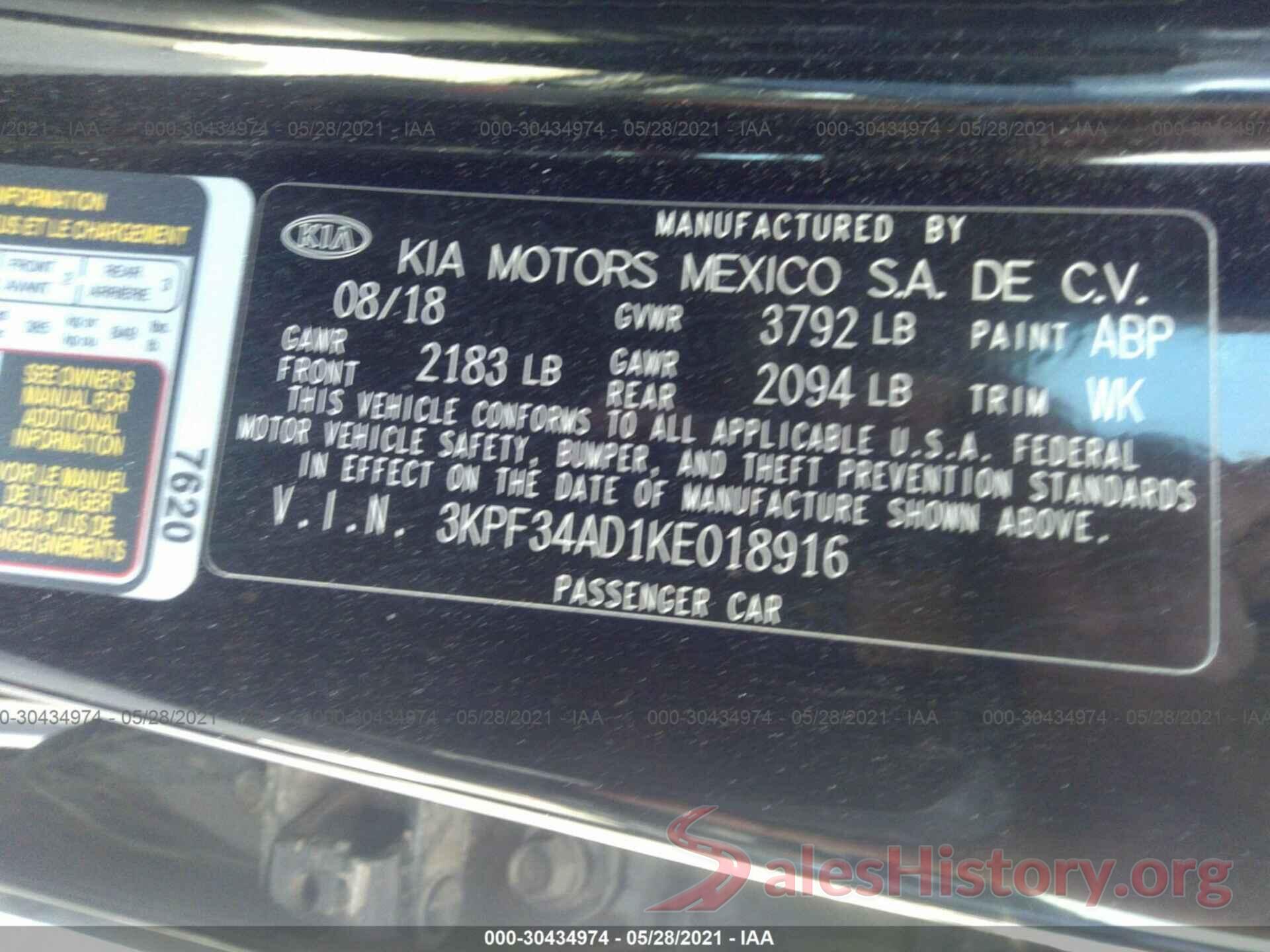 3KPF34AD1KE018916 2019 KIA FORTE