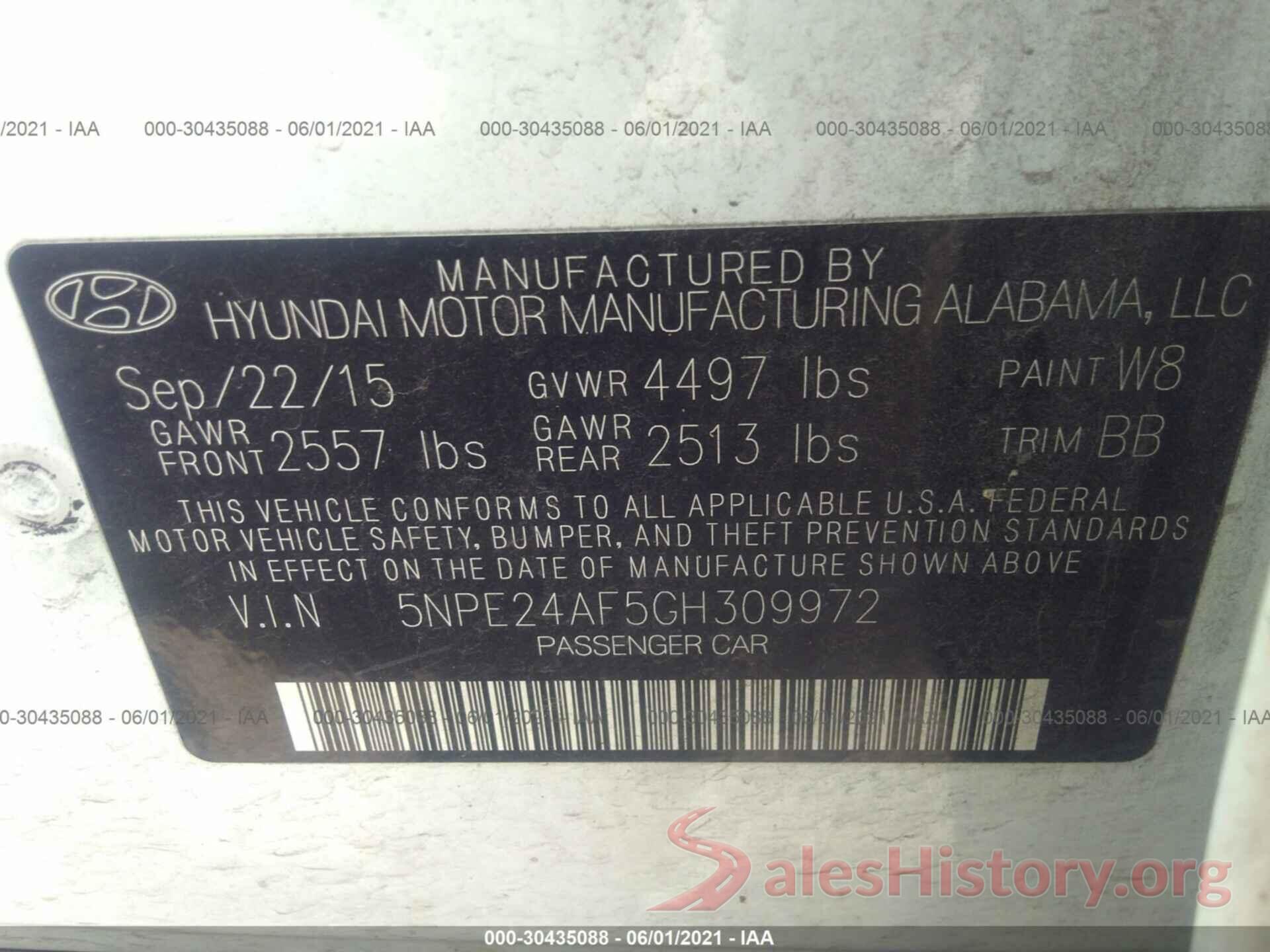 5NPE24AF5GH309972 2016 HYUNDAI SONATA