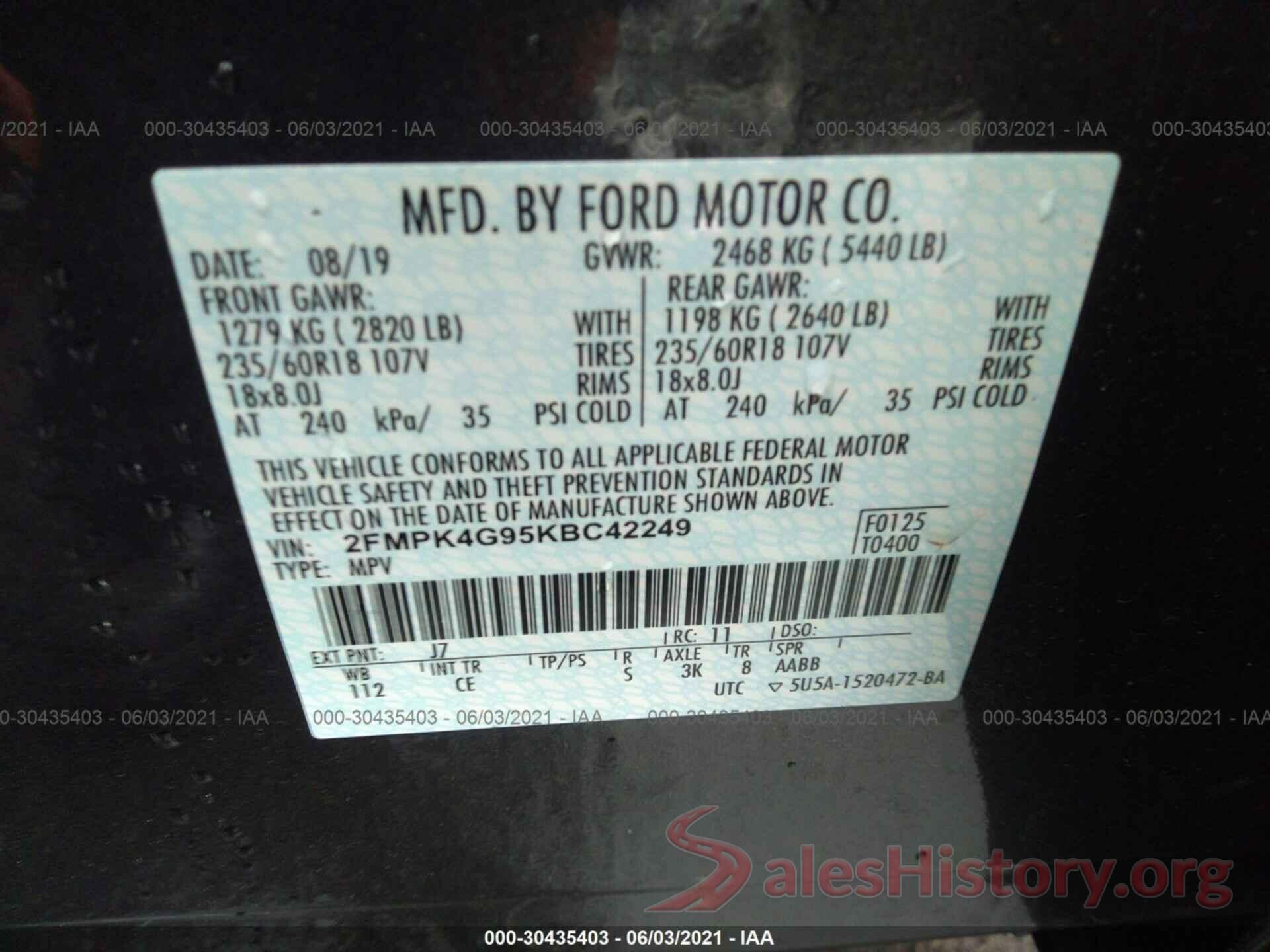 2FMPK4G95KBC42249 2019 FORD EDGE