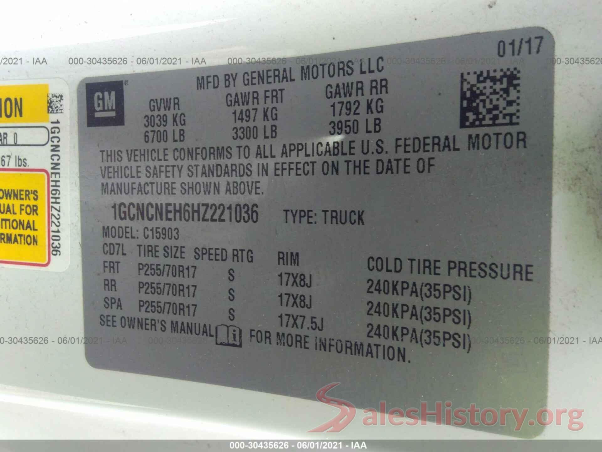 1GCNCNEH6HZ221036 2017 CHEVROLET SILVERADO 1500