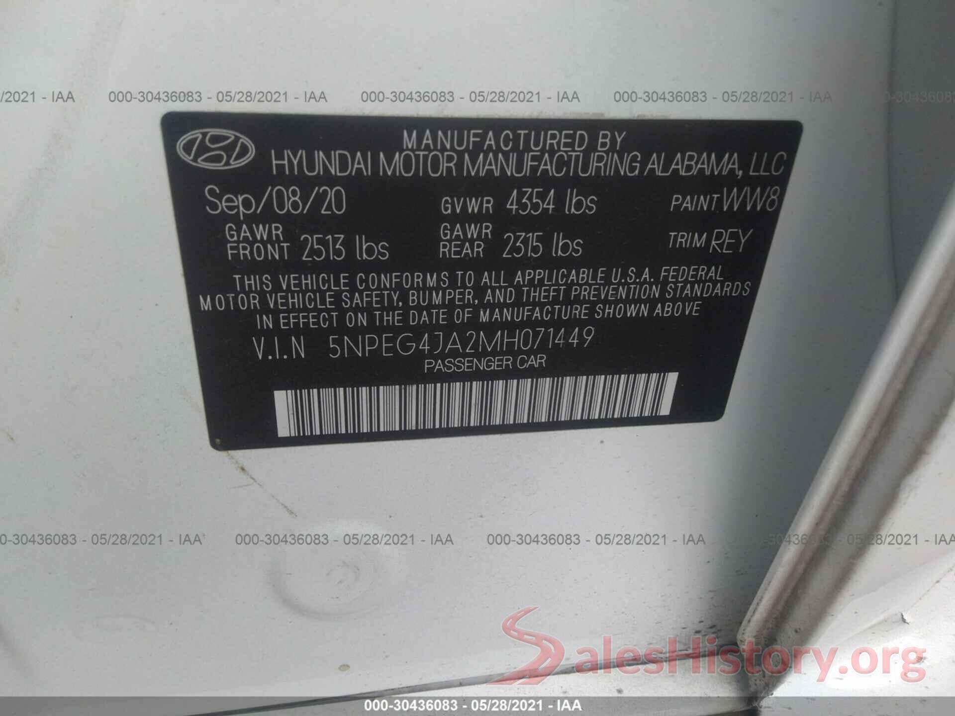 5NPEG4JA2MH071449 2021 HYUNDAI SONATA