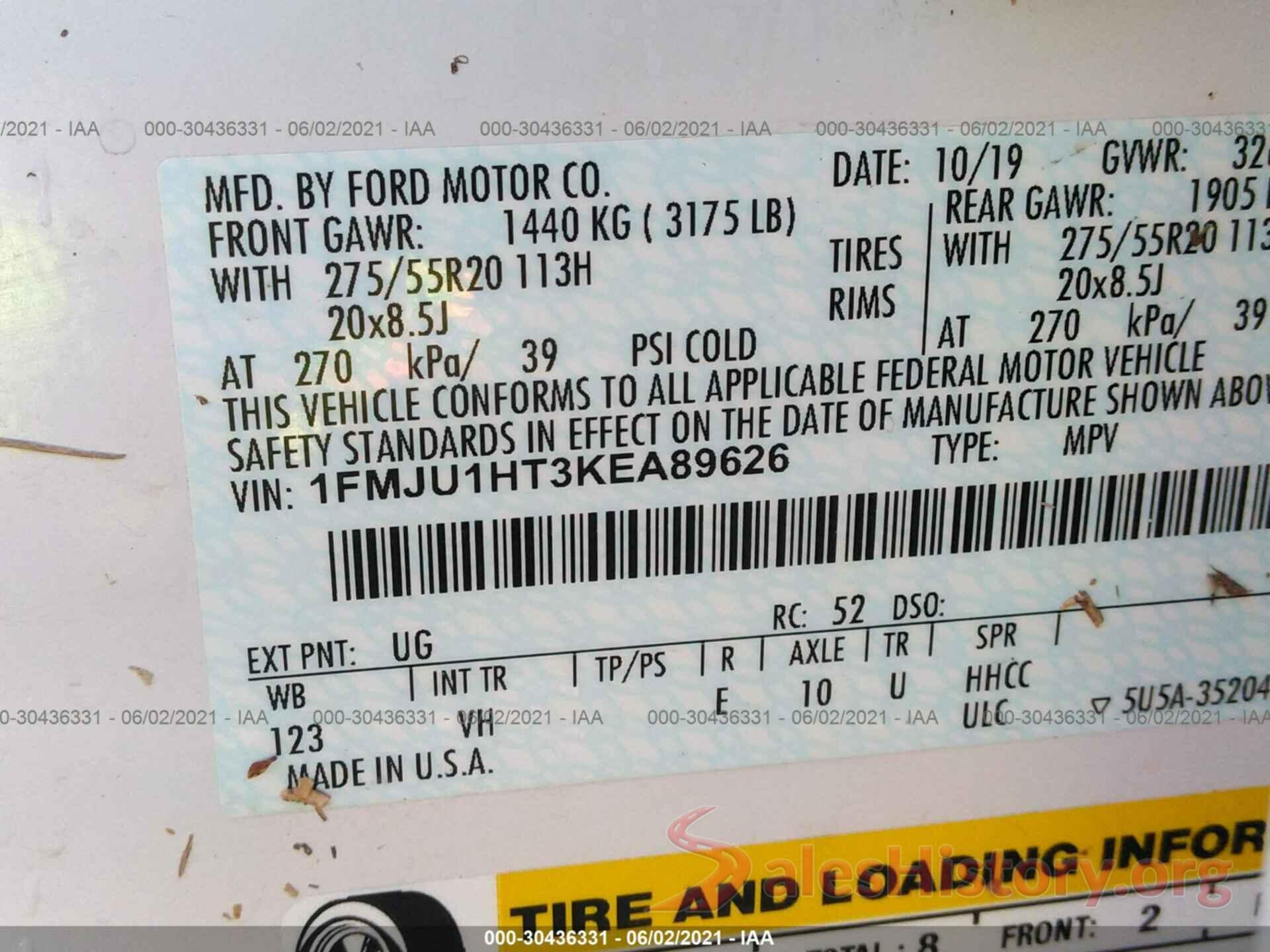 1FMJU1HT3KEA89626 2019 FORD EXPEDITION