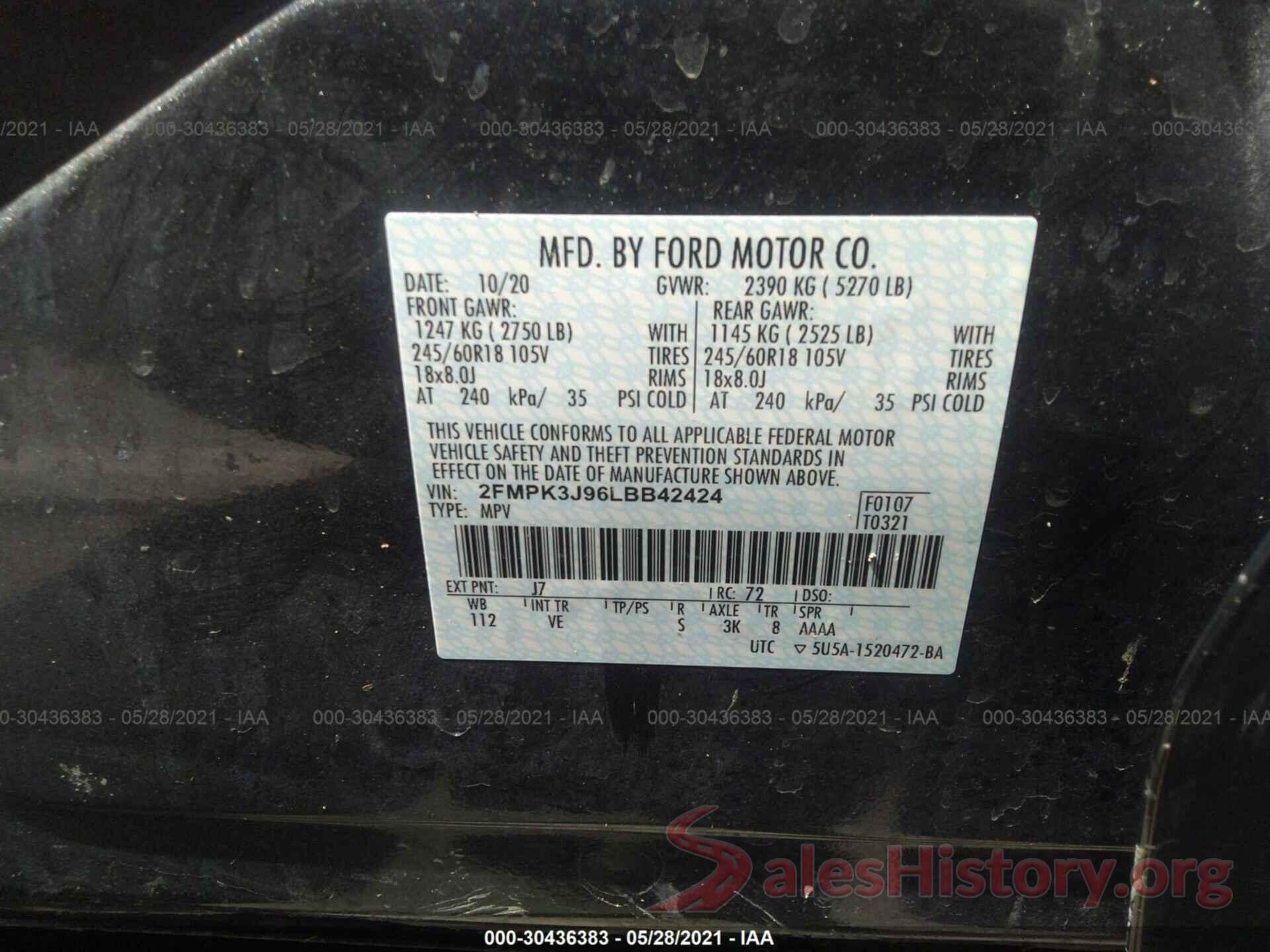 2FMPK3J96LBB42424 2020 FORD EDGE