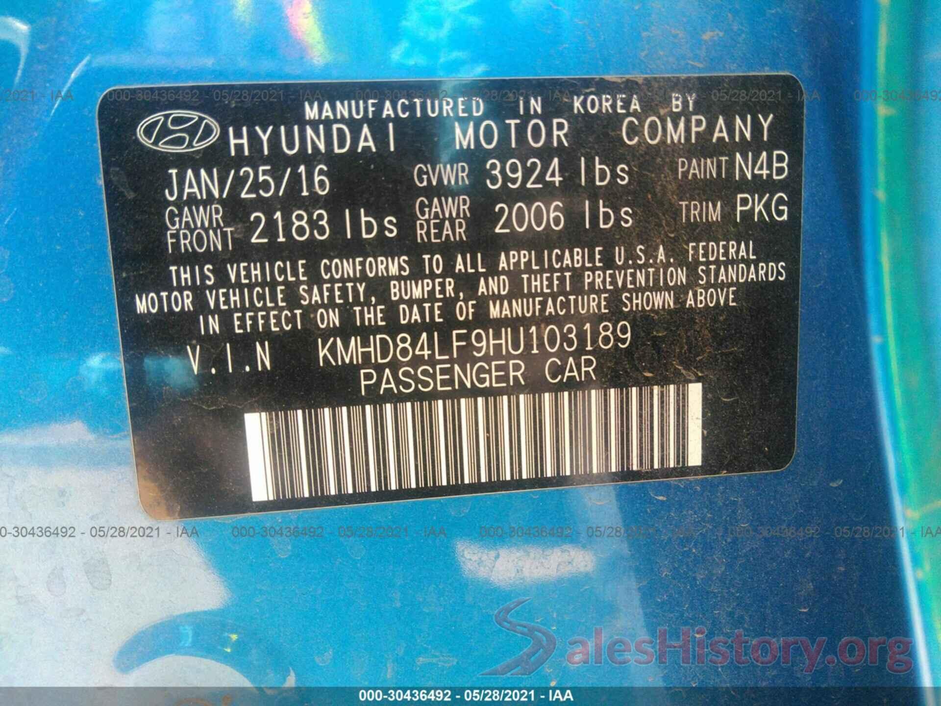 KMHD84LF9HU103189 2017 HYUNDAI ELANTRA