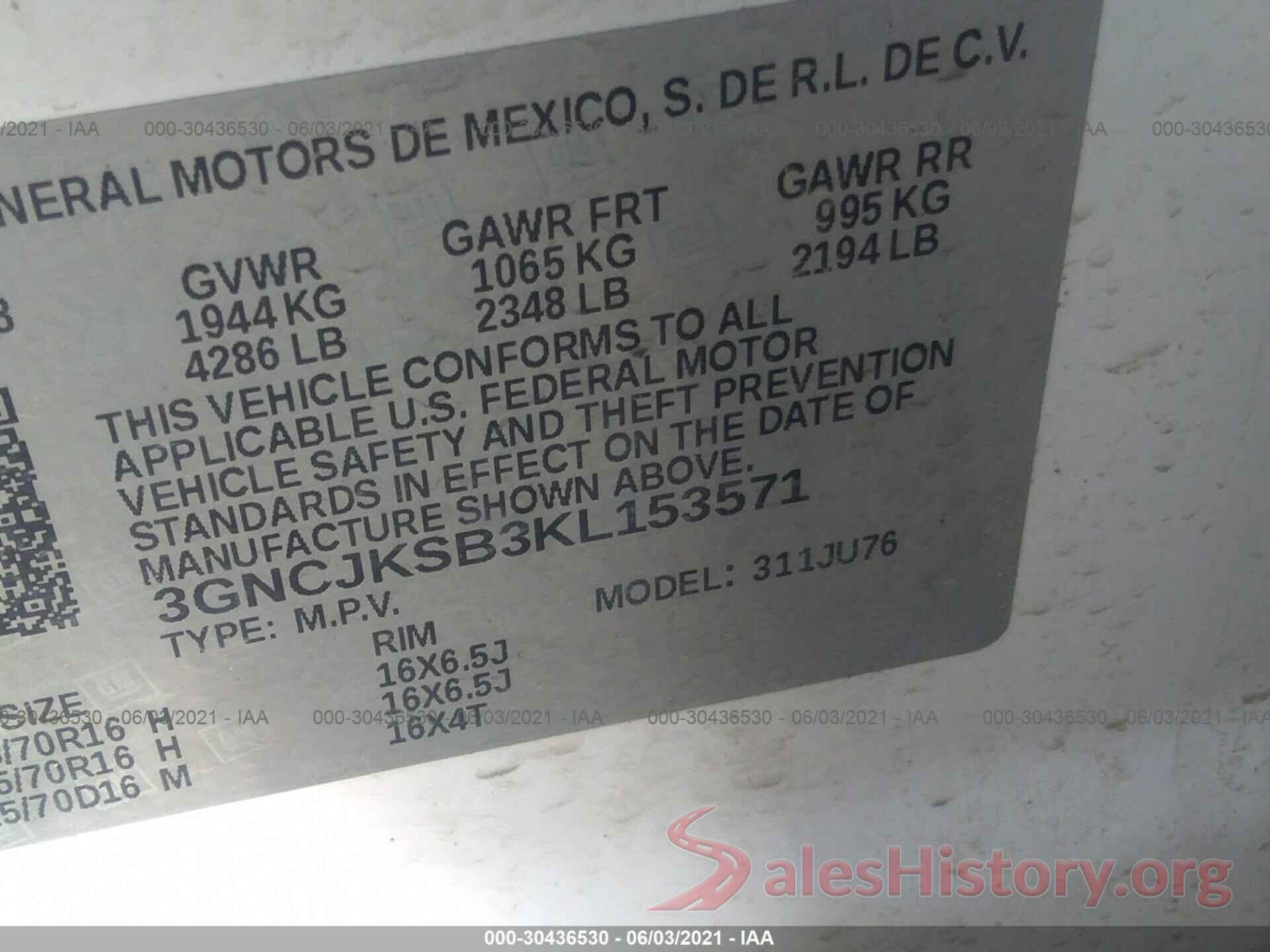 3GNCJKSB3KL153571 2019 CHEVROLET TRAX