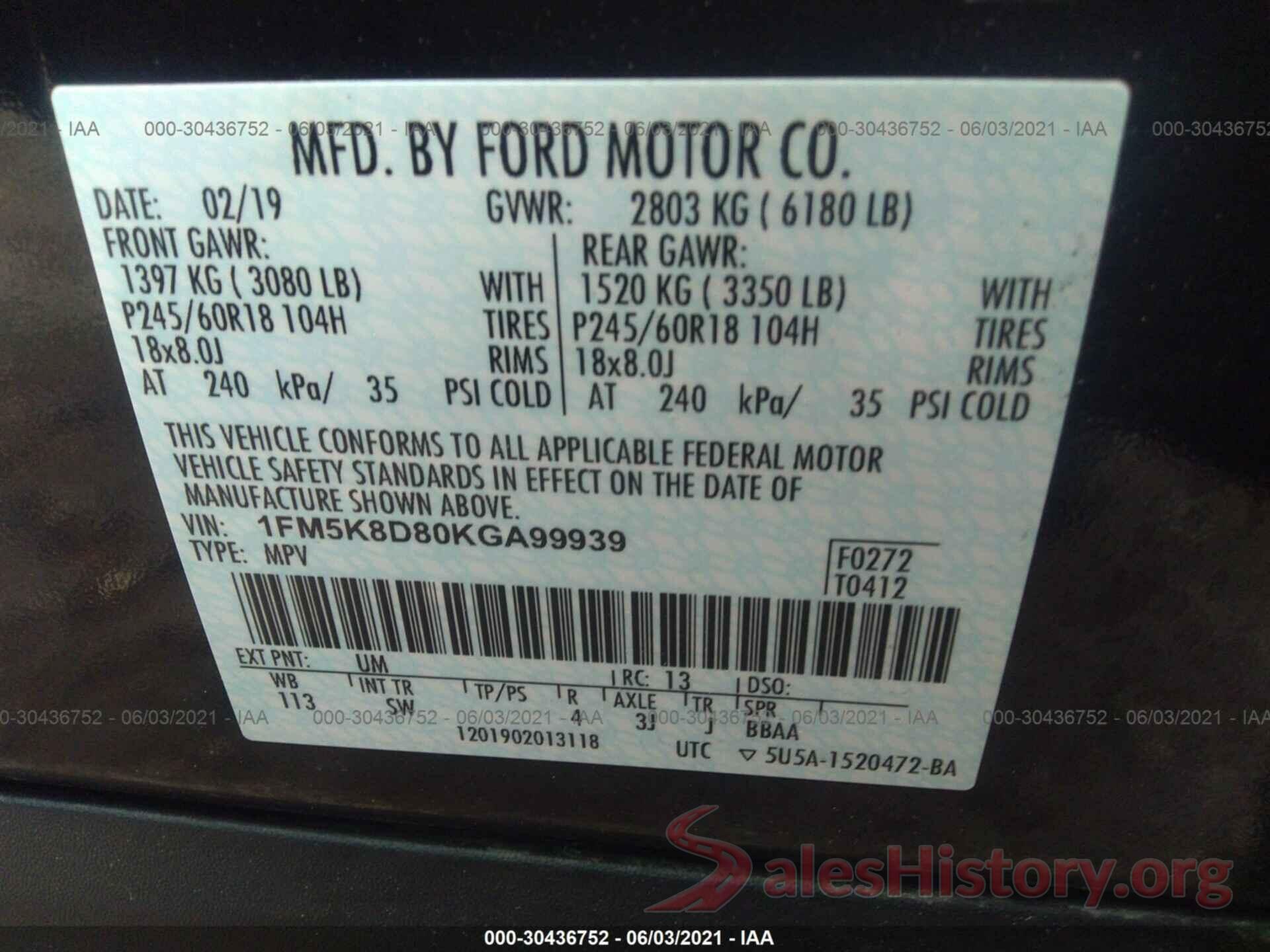 1FM5K8D80KGA99939 2019 FORD EXPLORER