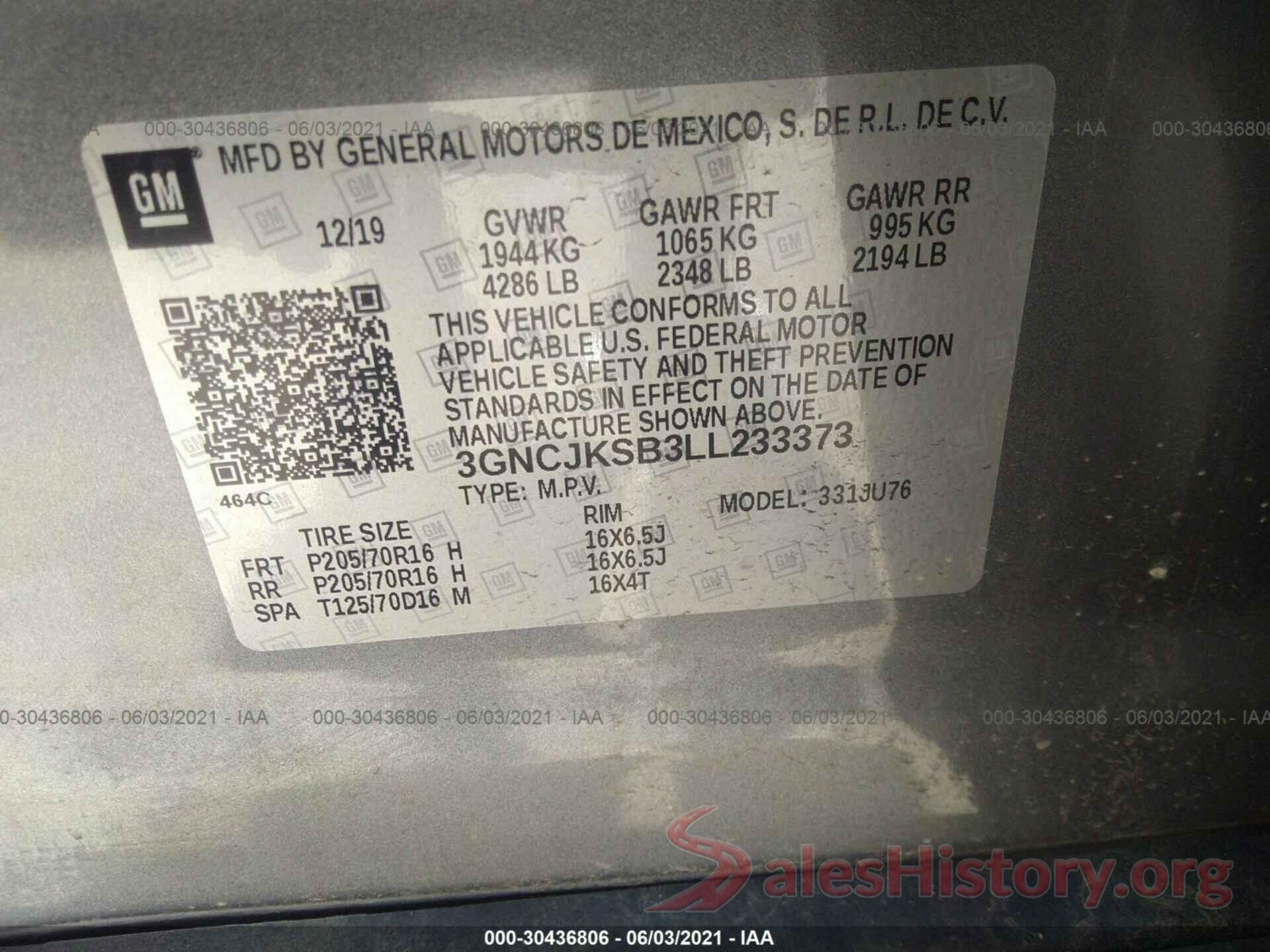 3GNCJKSB3LL233373 2020 CHEVROLET TRAX