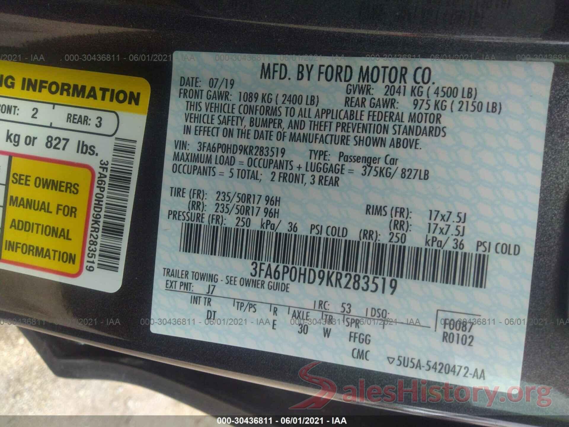 3FA6P0HD9KR283519 2019 FORD FUSION