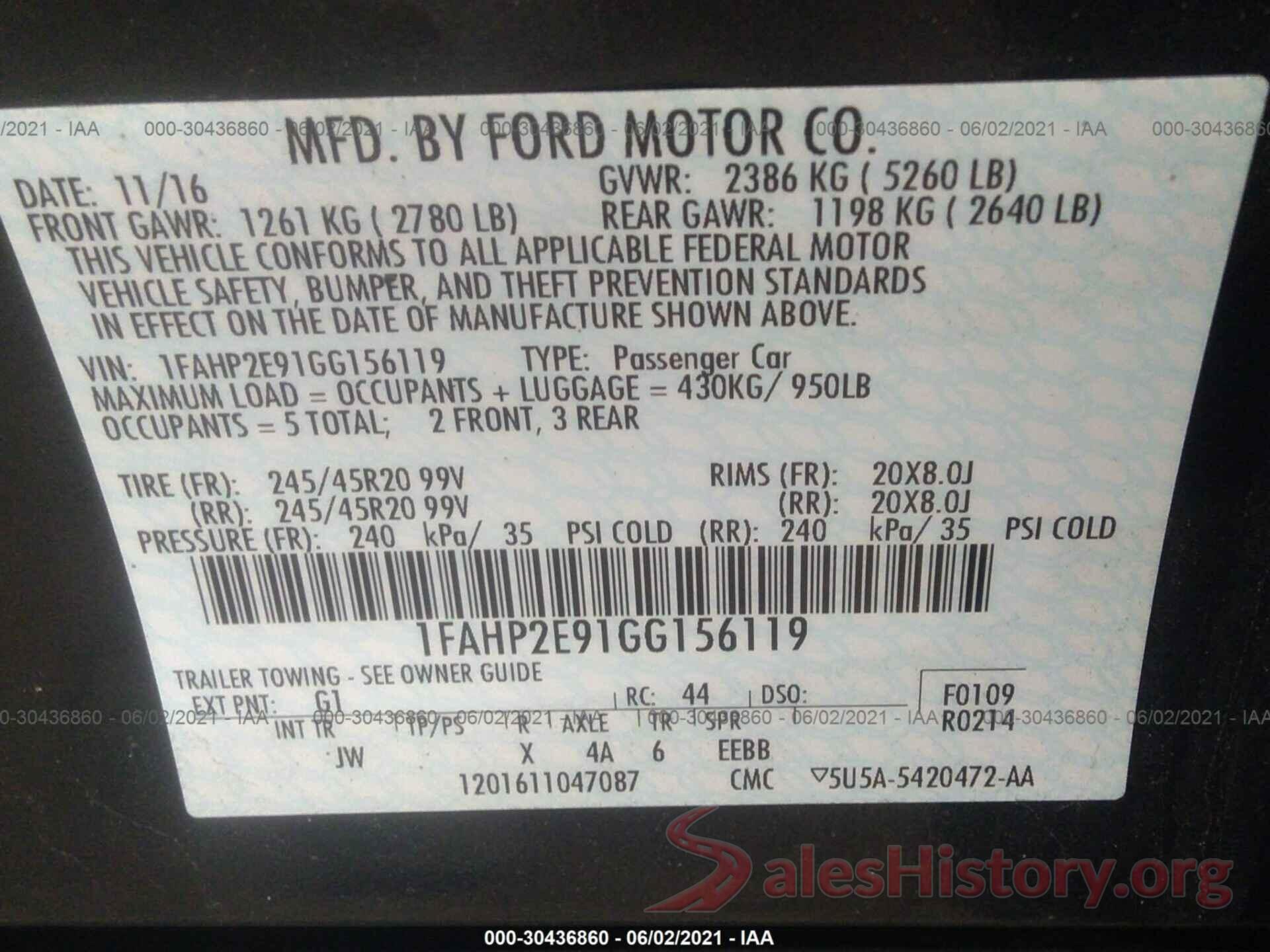 1FAHP2E91GG156119 2016 FORD TAURUS