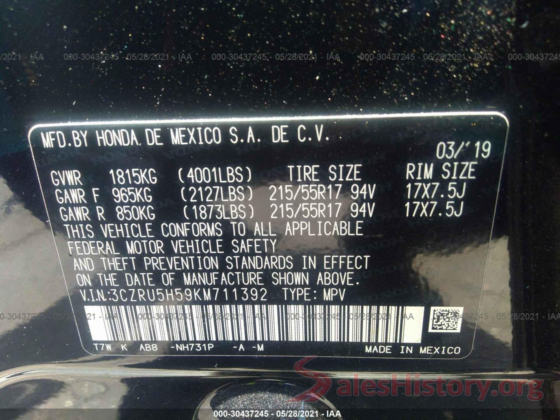 3CZRU5H59KM711392 2019 HONDA HR-V