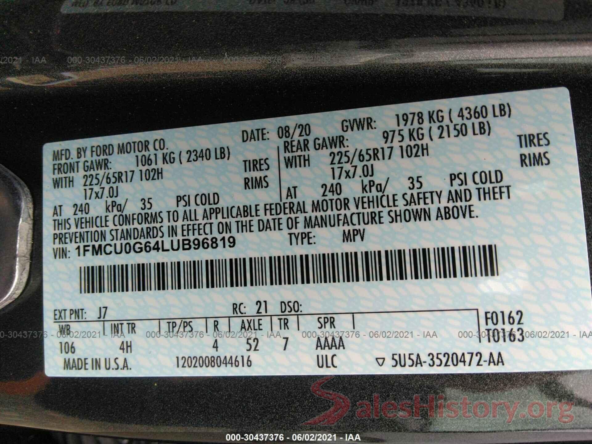 1FMCU0G64LUB96819 2020 FORD ESCAPE