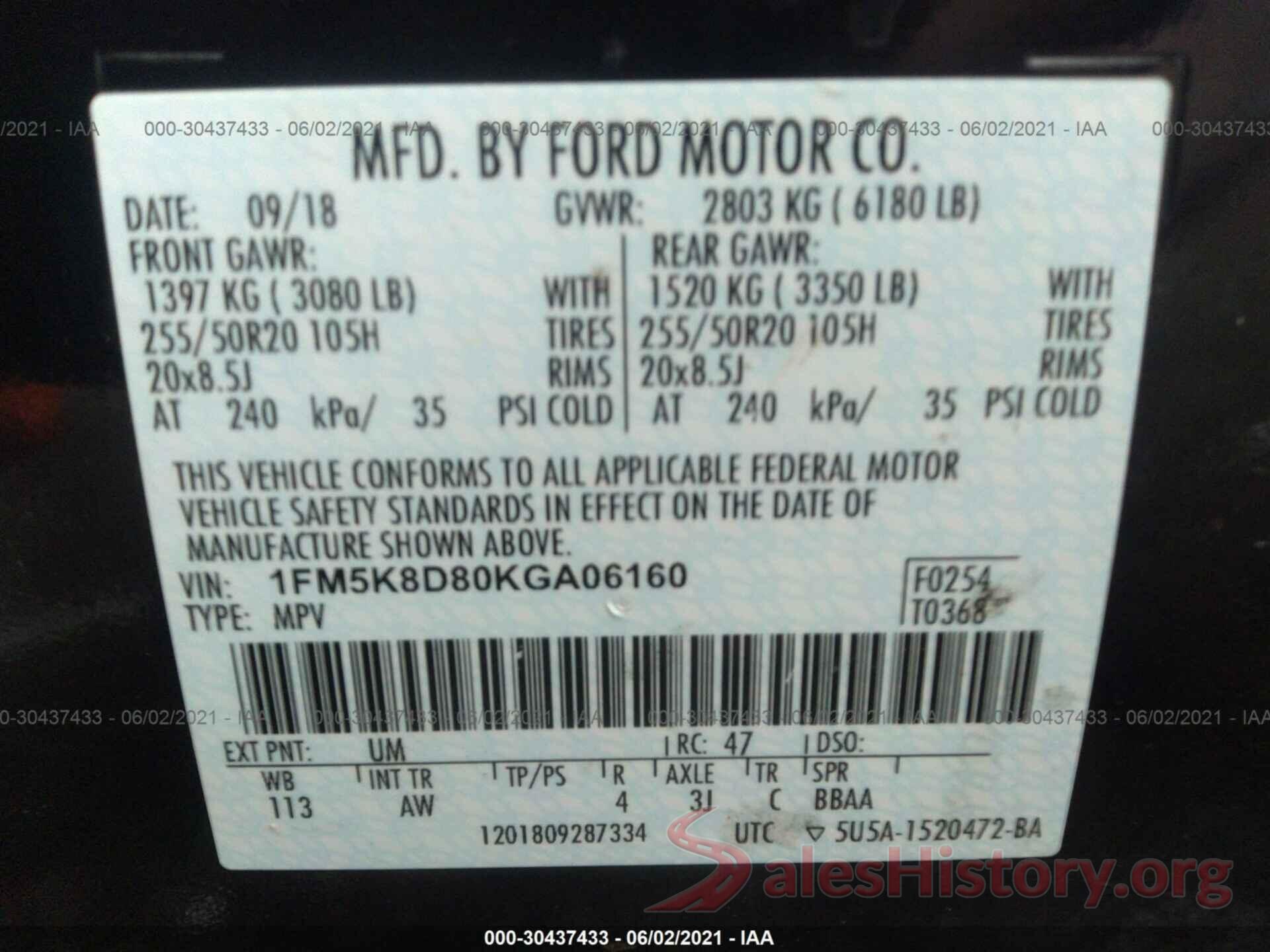 1FM5K8D80KGA06160 2019 FORD EXPLORER